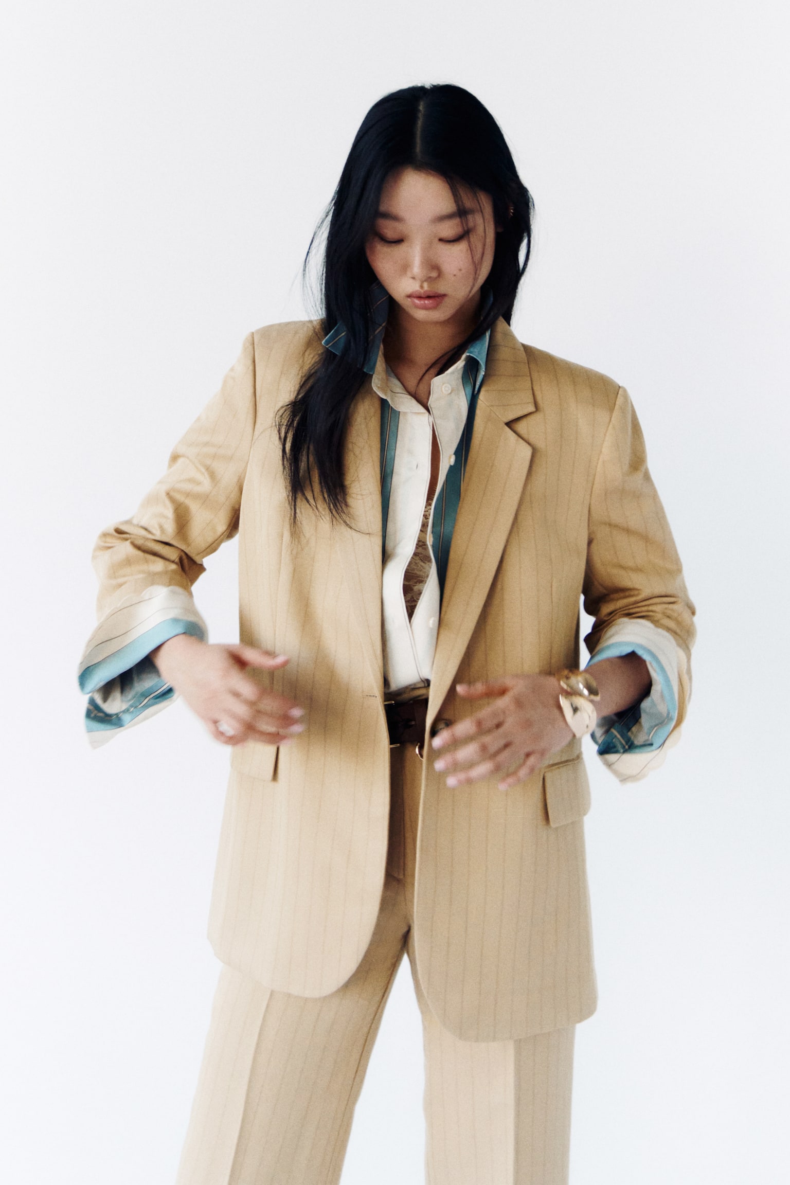 Linen-blend blazer - Beige/Pinstriped - 3