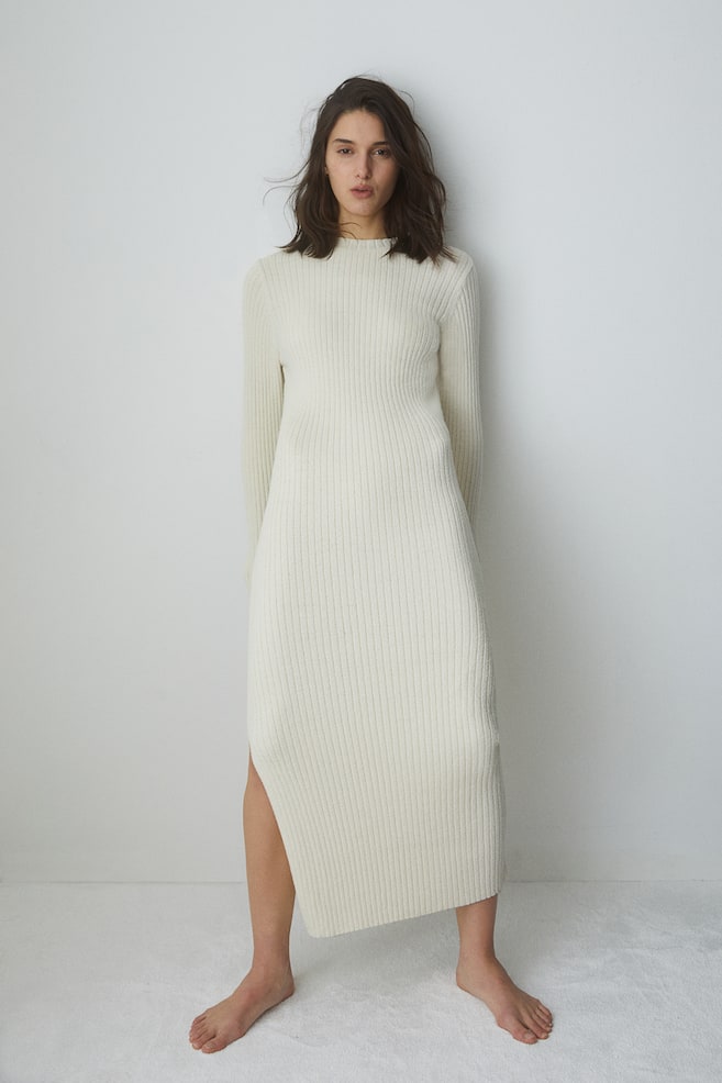Long rib-knit dress - Light beige - 1
