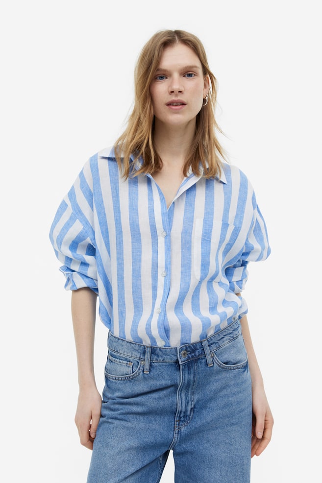 Oversized skjorte i lin - Blå/Hvit stripet/Hvit/Cerise/Blå/dc - 1