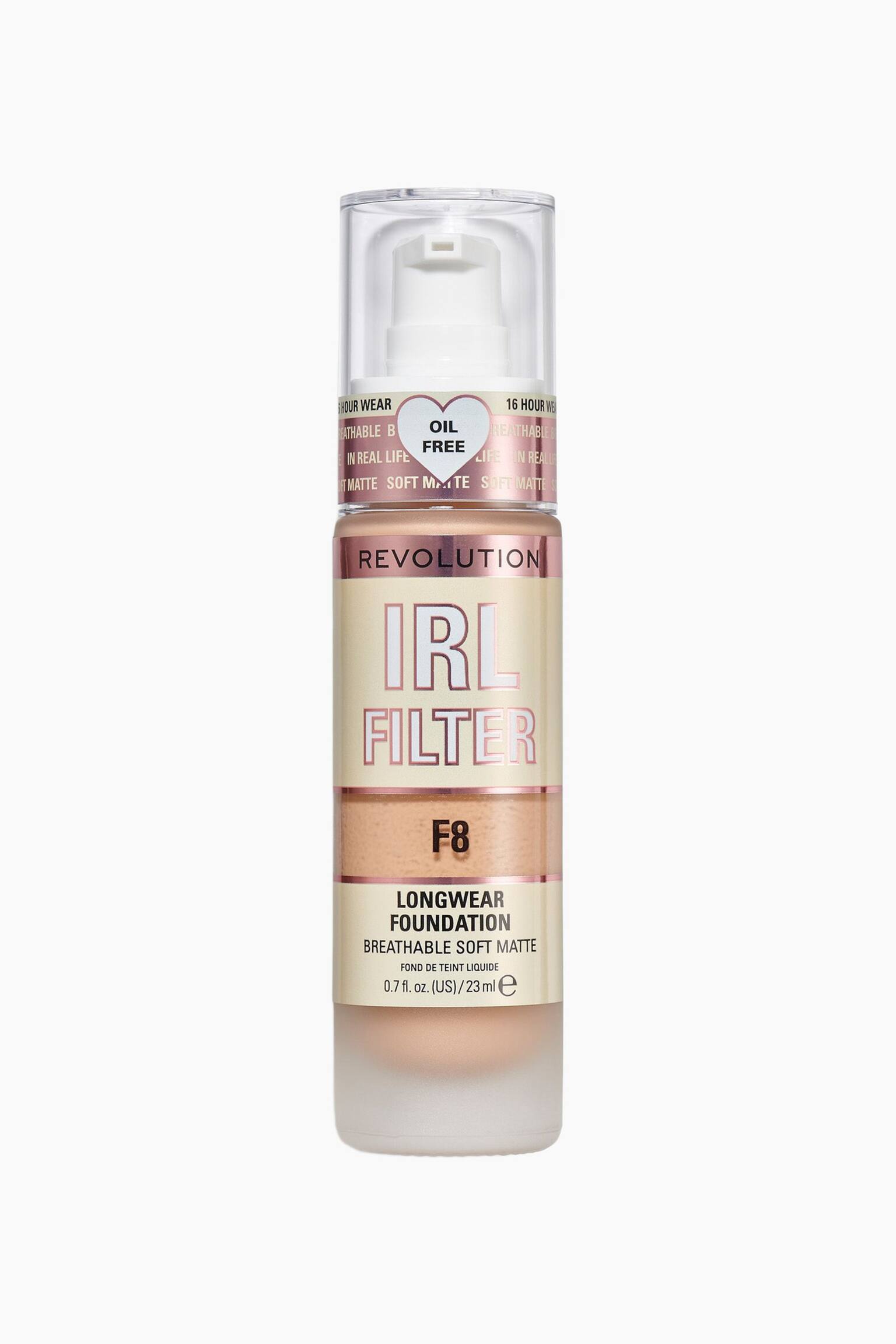 Die Revolution IRL Filter Longwear Foundation steht aufrecht und präsentiert sich in einer mattierten Glasflasche, die mit einer beigefarbenen Flüssigkeit gefüllt ist. Sie verfügt über eine transparente zylindrische Kappe über einem weiÃen Pumpspender, metallisch rosafarbene âIRL FILTERâ-Beschriftung auf der Vorderseite und ein transparentes Ausschnittfenster, das den Farbton âF8â zeigt. - 1