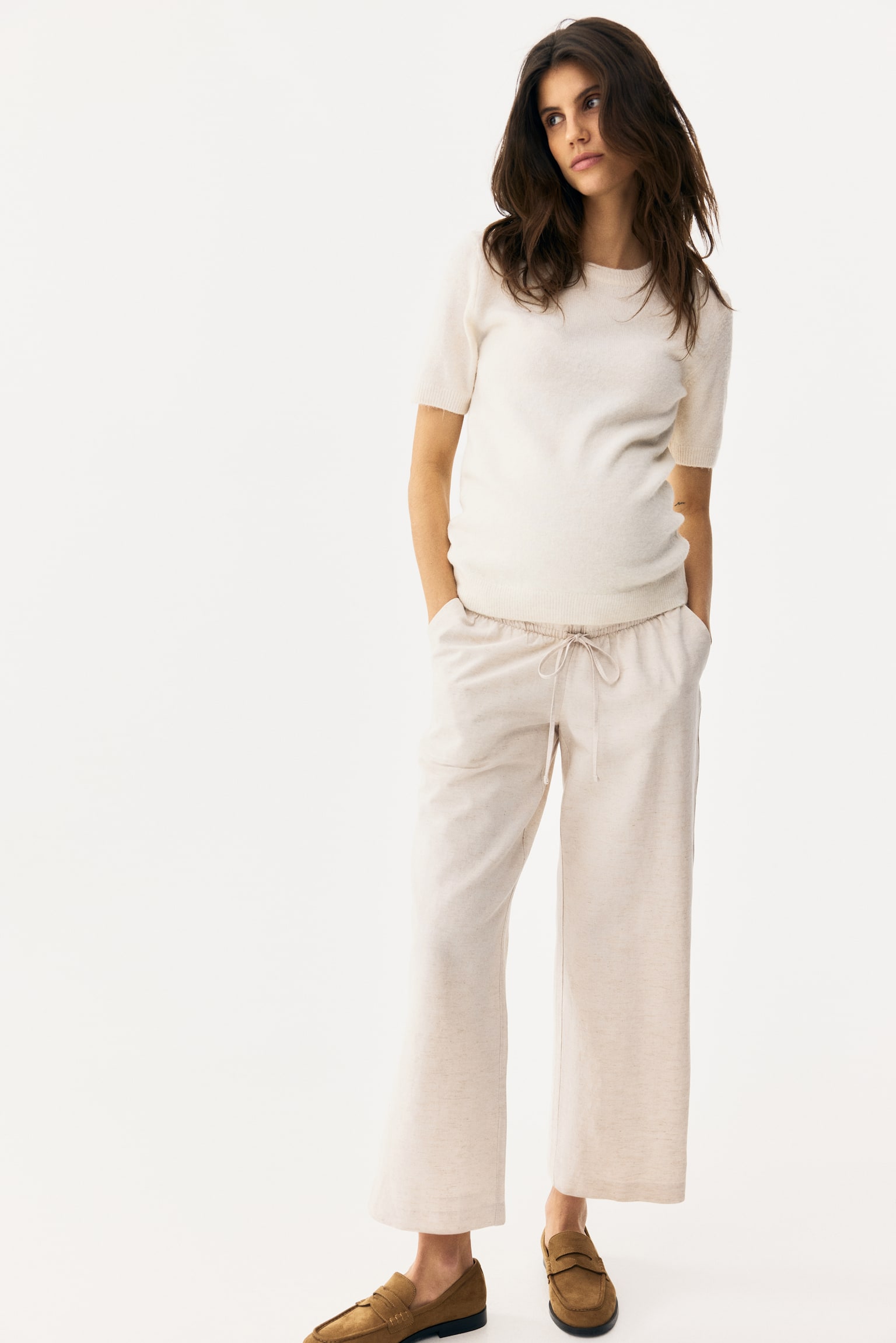 MAMA מכנסיים מתערובת פשתן עם שרוך קשירה - בז' בהיר/שחור/לבן/פסים - 1