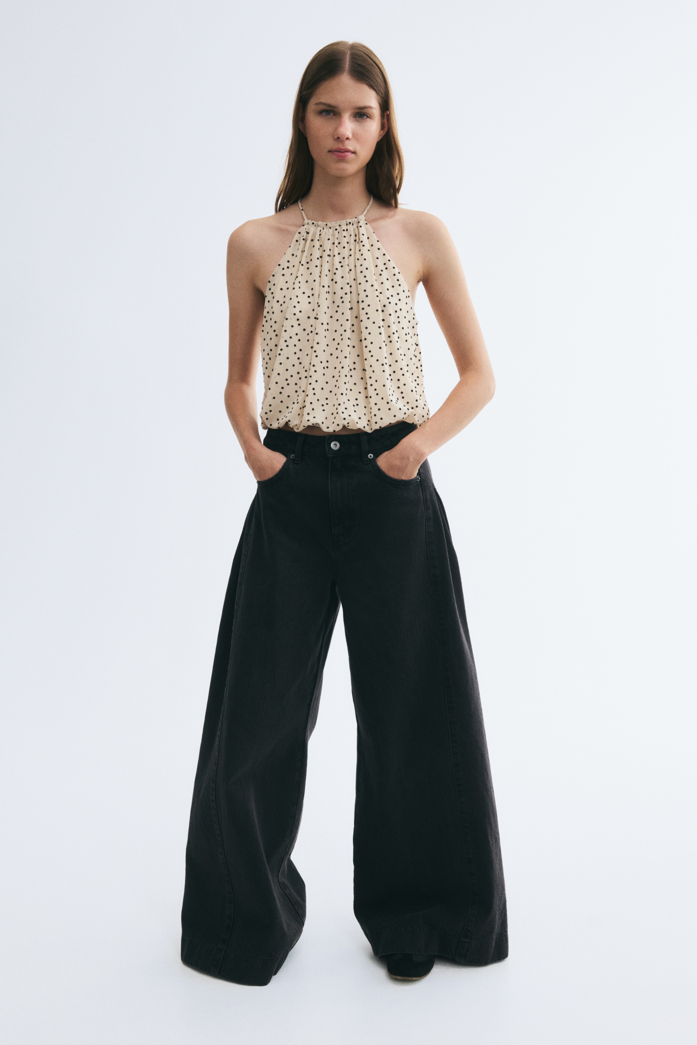 Bubble-hem mesh top - Light beige/Polka dot