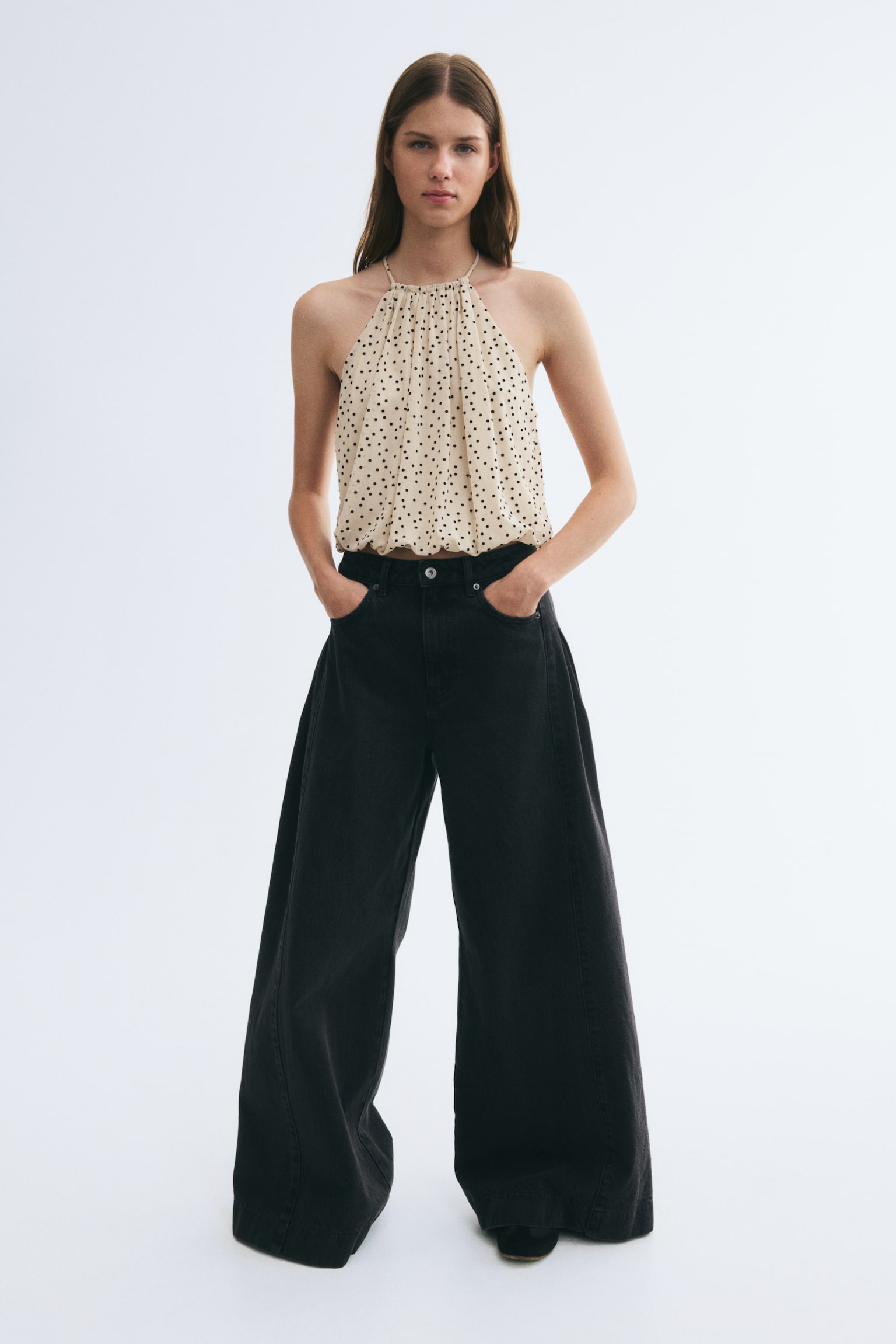 Женский топ H&M Bubble-Hem Mesh Top, цвет: Бежевый / В горошек — фото 2