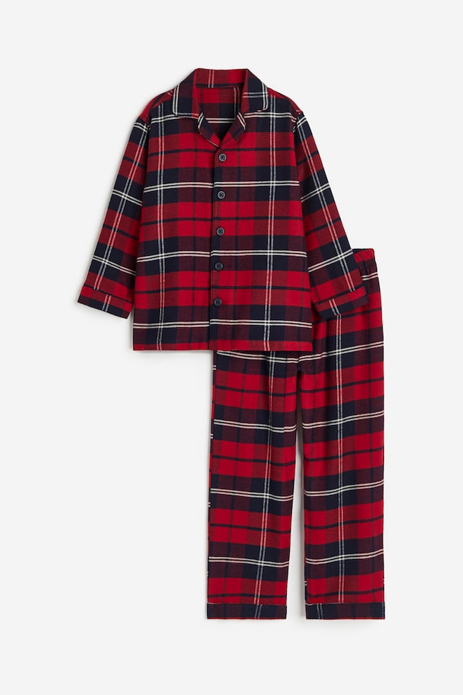 Pyjamas i bomullstrikå - Röd/Rutig/Mörkblå/Rutig - 1