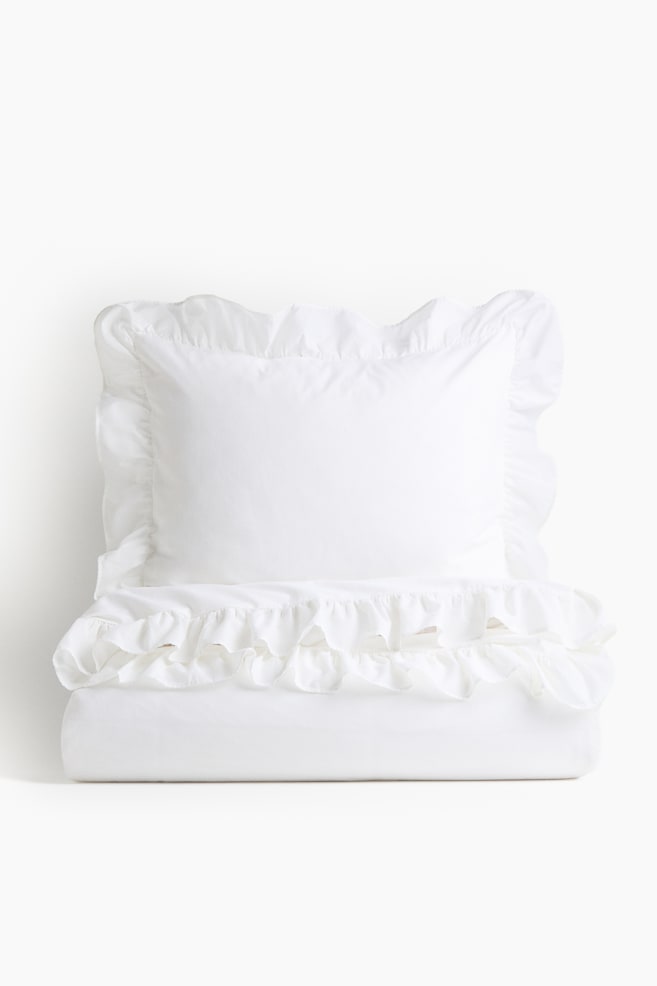 Flounced Twin Duvet Cover Set - White/Powder pink/Dusty brown - 1
