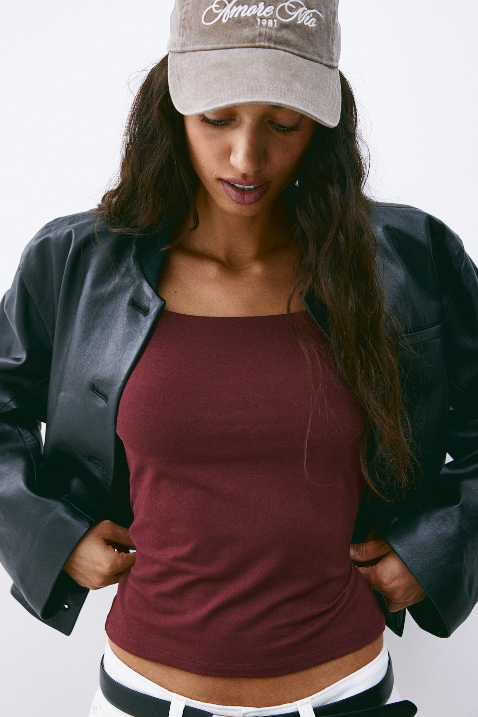 Long-sleeved jersey top - Burgundy/Black/Cream/Black/Brown/Dark khaki green/Dark turquoise - 1