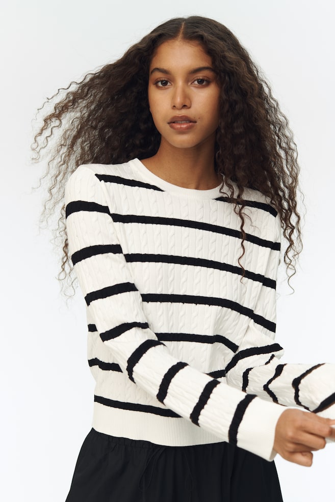 Cable-Knit Sweater - White/black striped/Pink/Dark brown - 2