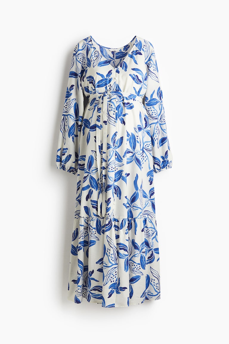 Women's White/Blue floral MAMA Before & After Tie Belt Dress | H&M AU Women's White/Blue floral MAMA Before & After Tie Belt Dress | H&M AU