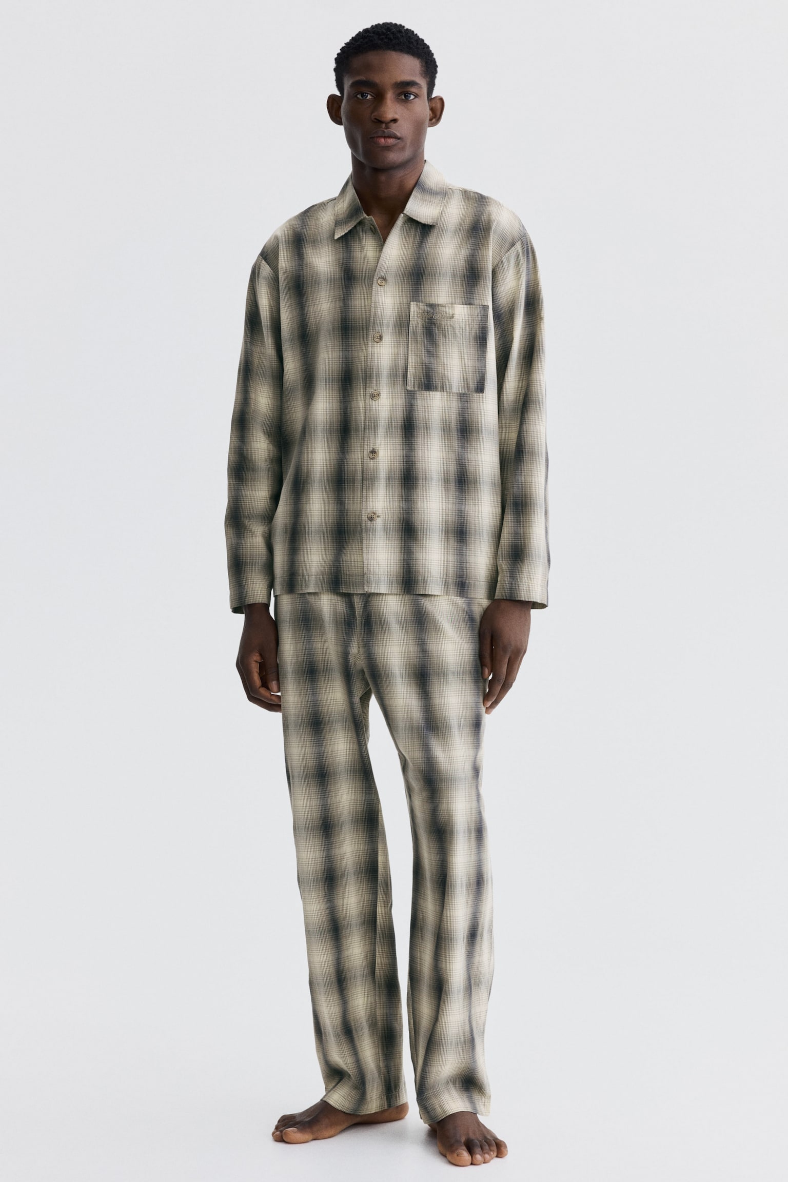 Poplin pyjama shirt and bottoms - Khaki green/Checked/Dusty turquoise/Striped/Navy blue/Checked - 1