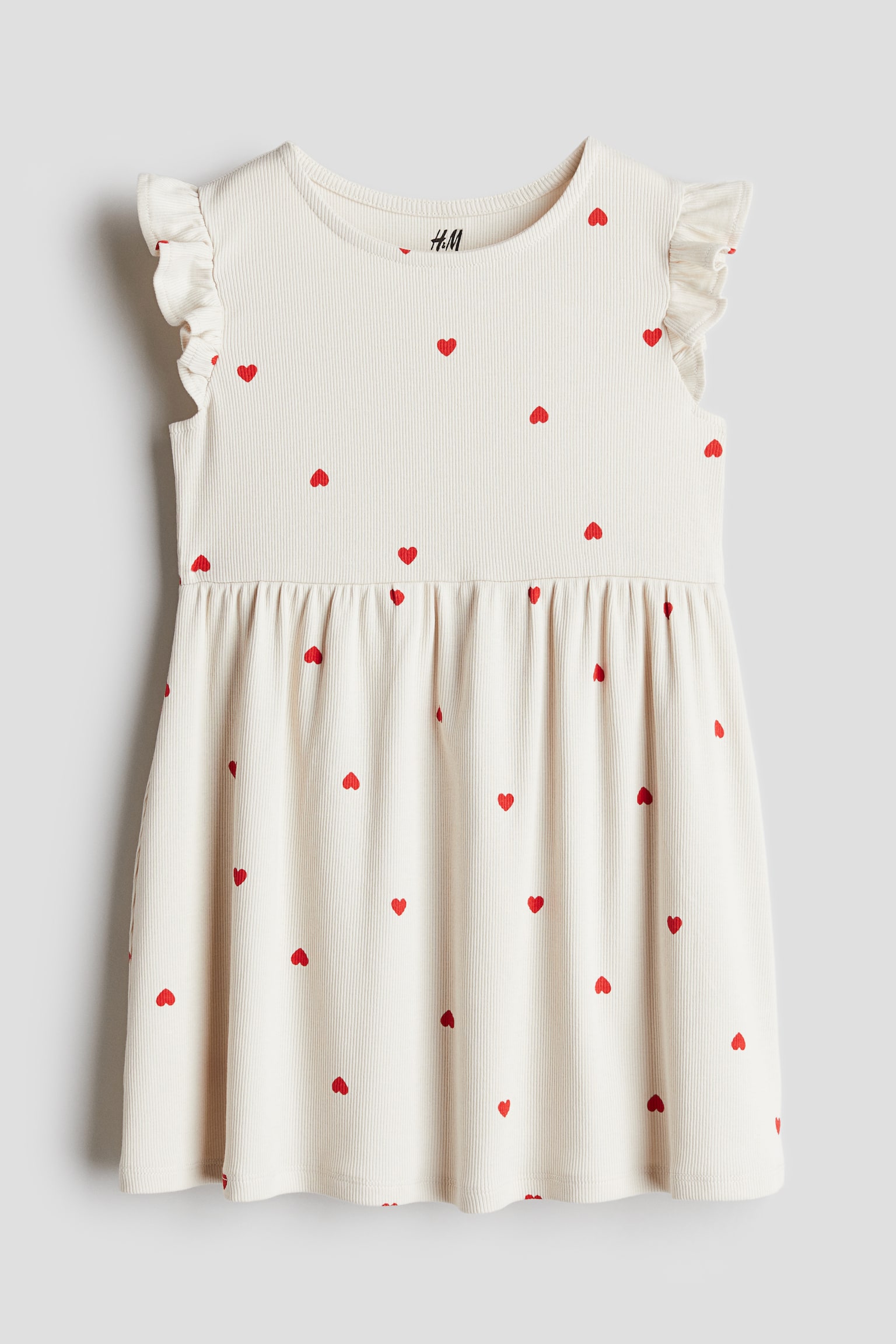 Ribbed flutter-sleeve dress - White/Hearts/Yellow - 1