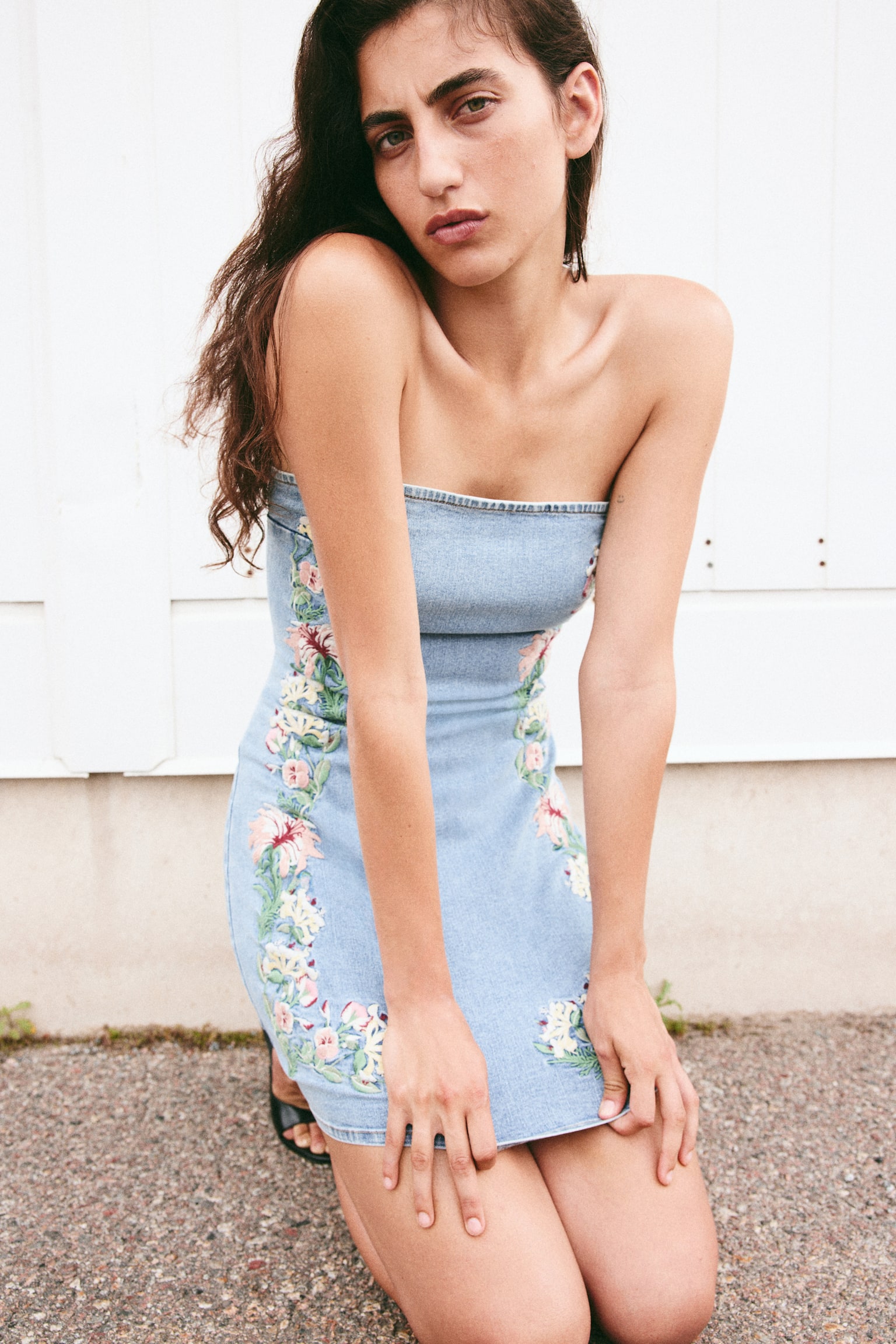 Embroidered denim bandeau dress - Denim blue/Floral - 1