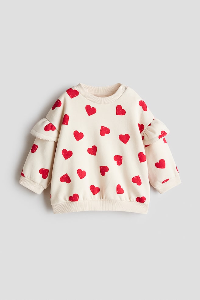 Ruffle-Detail Sweatshirt - Light beige/hearts/Light purple/floral - 1