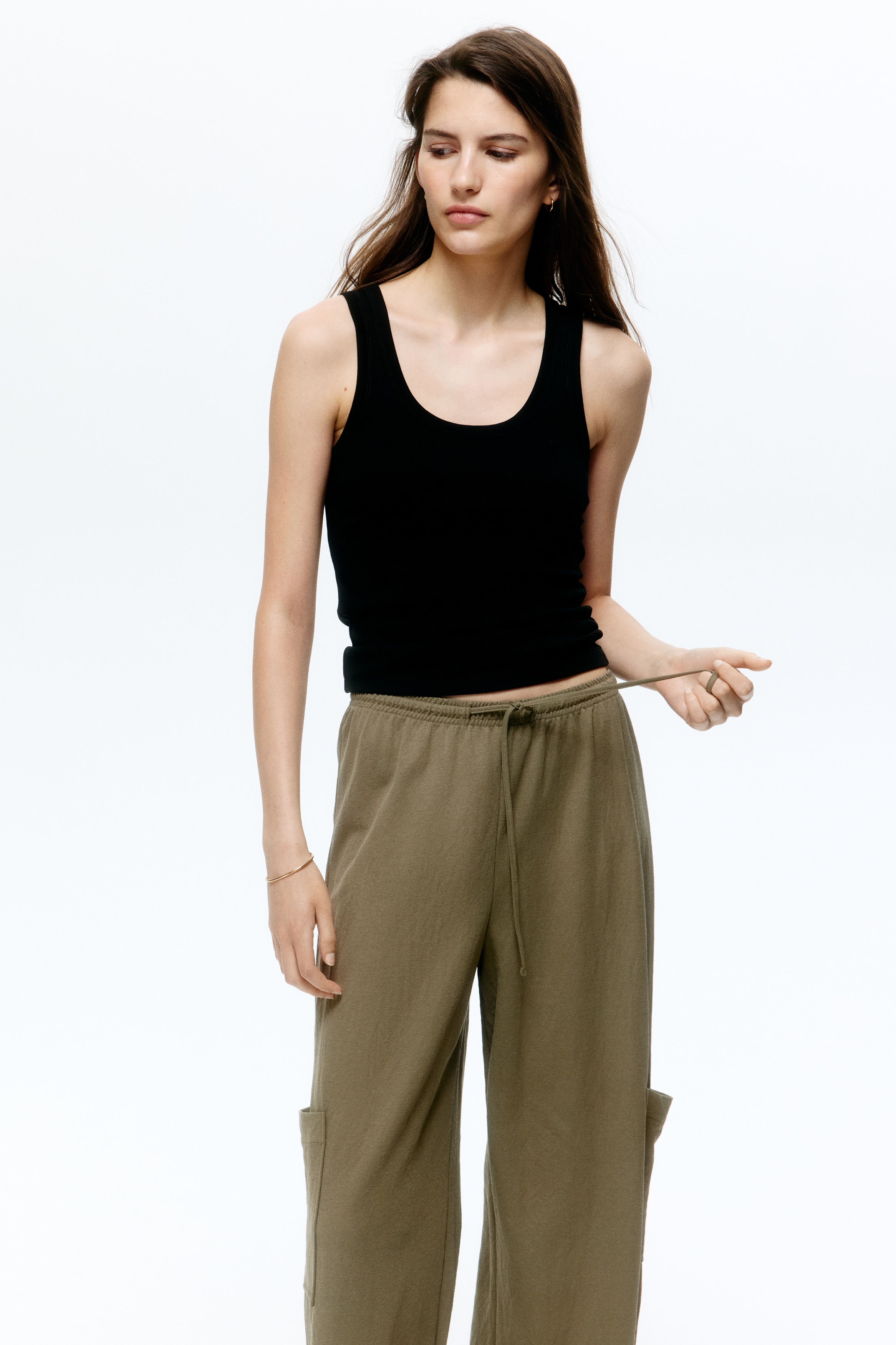 Cargo Drawstring Pants - Dark khaki green/Black