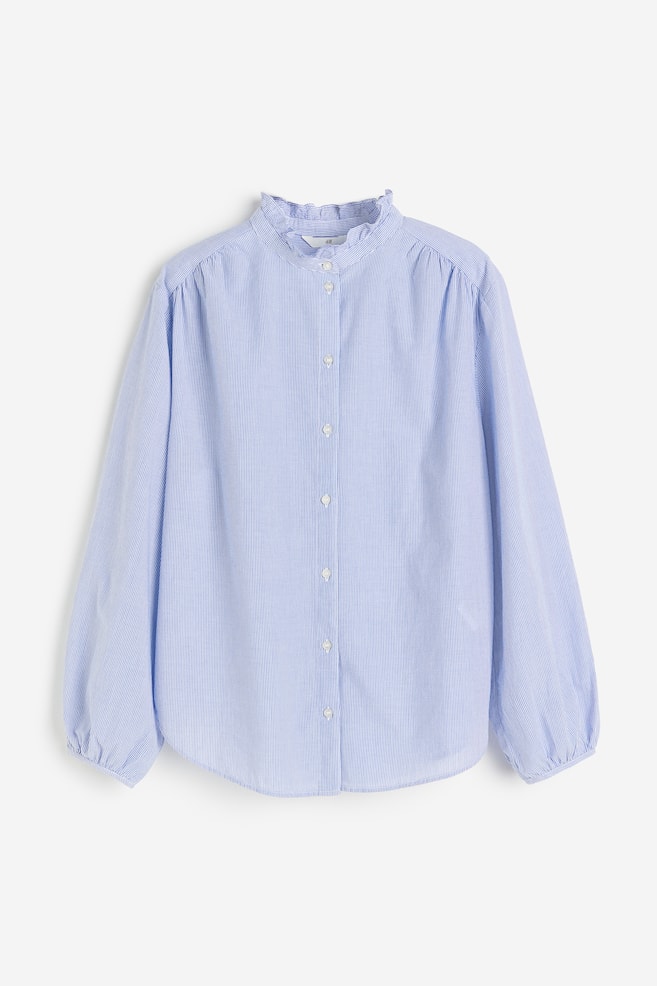 Frill-trimmed cotton blouse - Blue/Striped/White - 2
