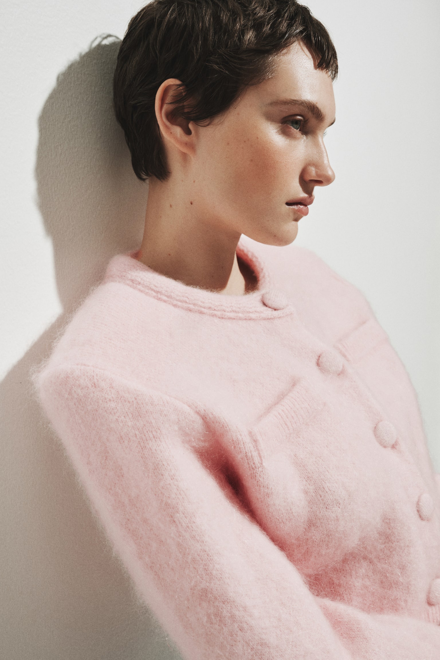 Mohair-blend shoulder-pad cardigan - Light pink/Light greige - 1