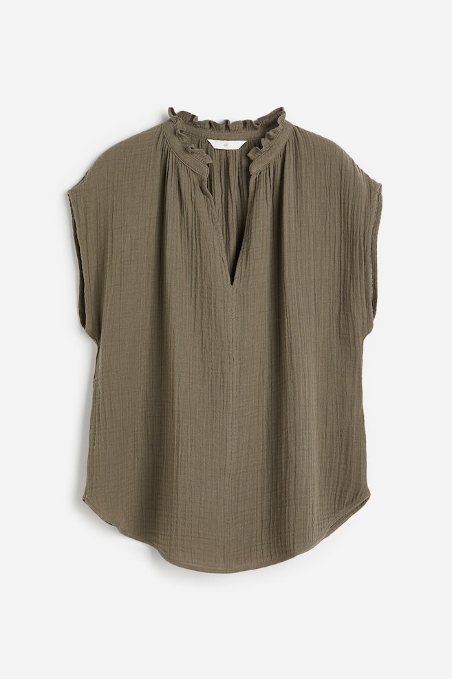 Frill-trimmed cotton blouse - Dark khaki green/Cream/Black - 2