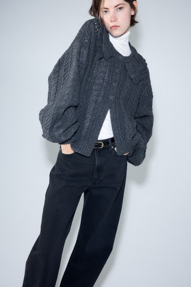 Collared cable-knit cardigan-Dark grey - 6