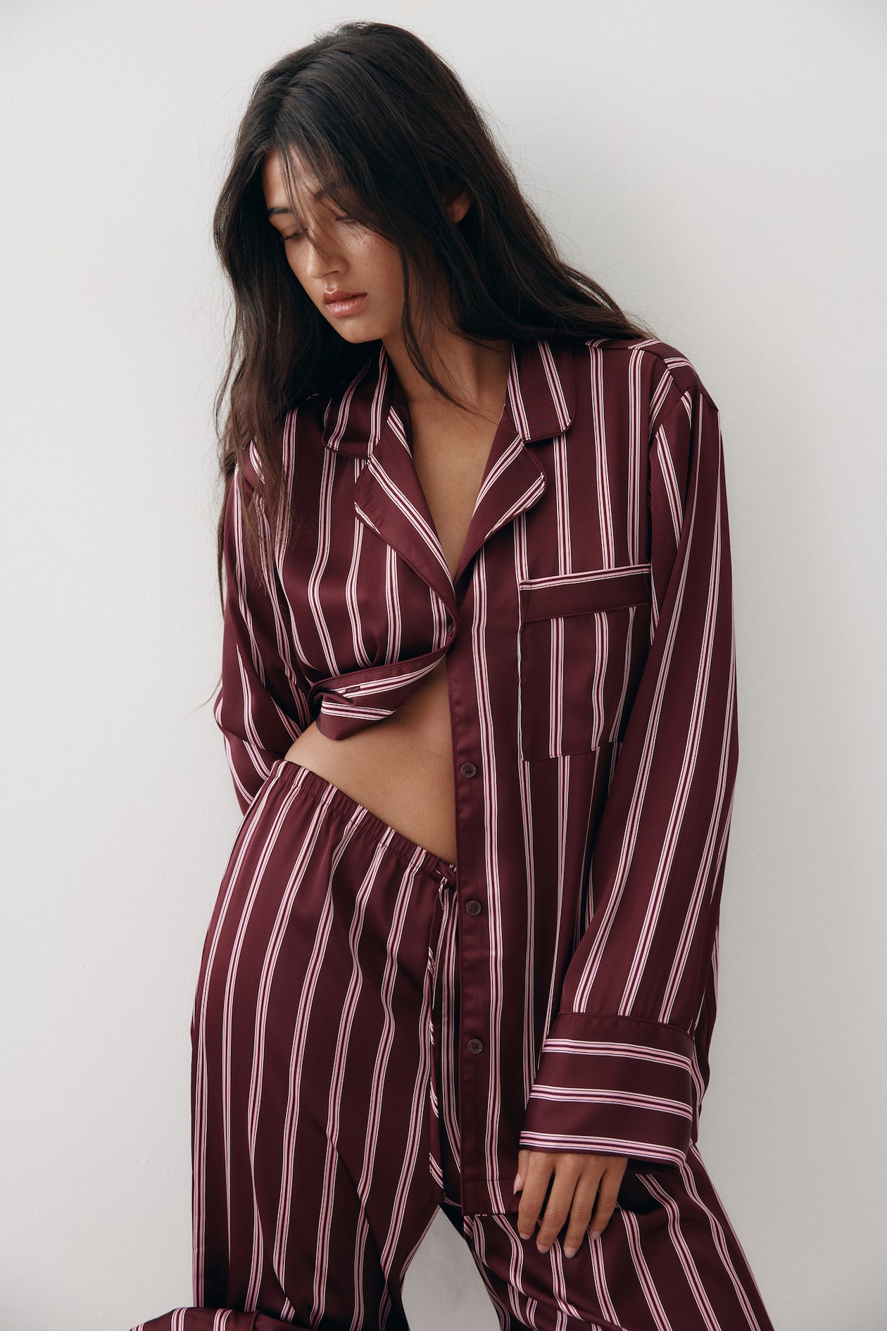 Satinpyjama - Weinrot/Gestreift - Ladies | H&M AT