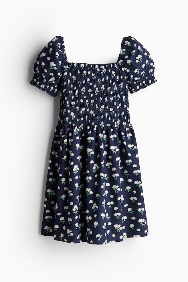 Robe smockée en popeline - Bleu marine/pâquerettes/Blanc/bleu/fleuri/Noir/Crème - 1