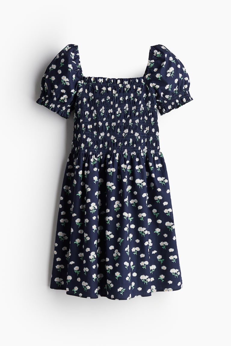 Women's Navy blue/daisies Smocked Poplin Dress | H&M US