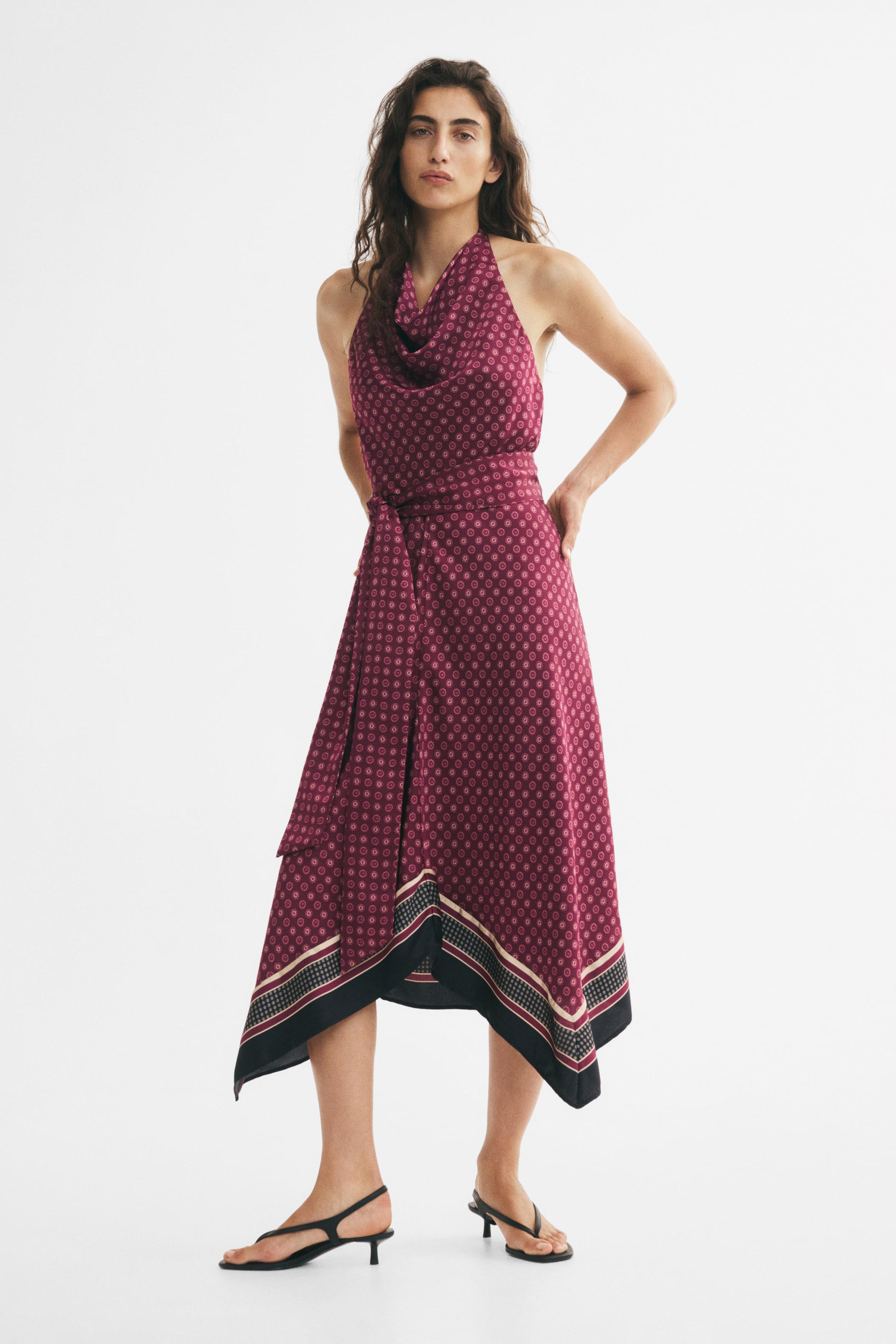 View larger image: Tie-Belt Halterneck Dress - Dark plum red/patterned - Ladies | H&M US 1
