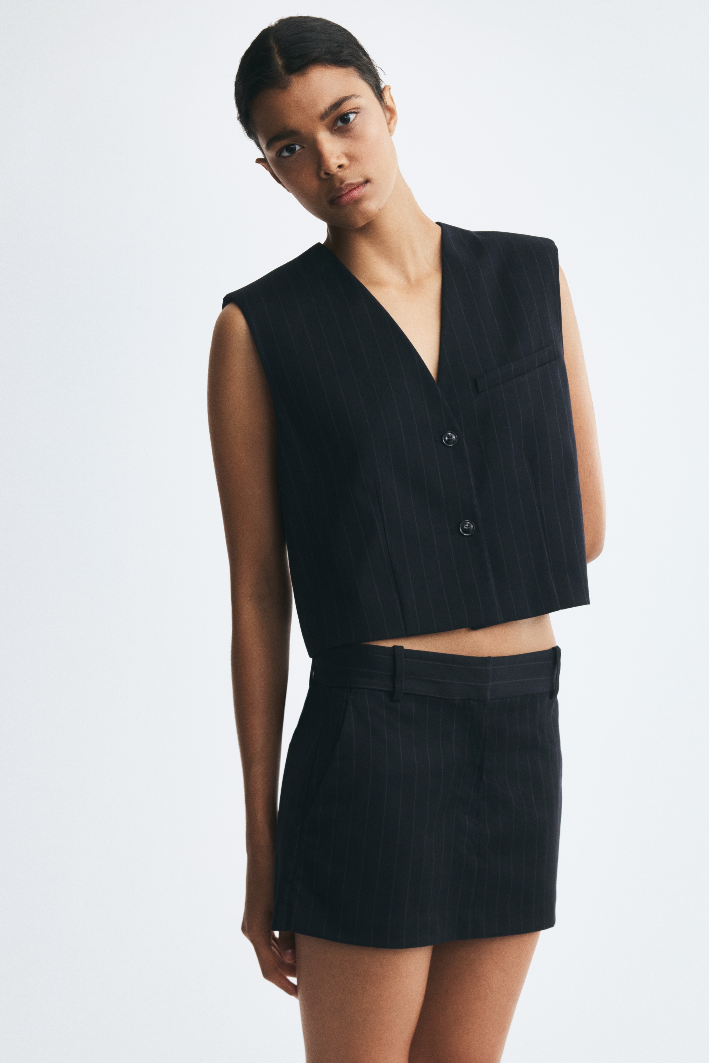 Cropped twill waistcoat - Navy blue/Pinstriped