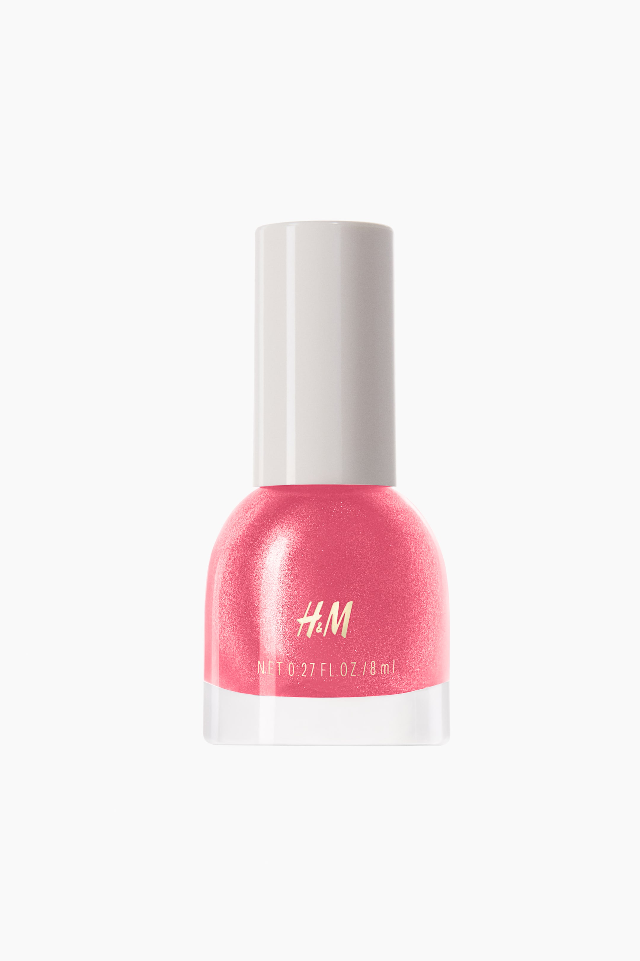 Größeres Bild anzeigen: Nagellack. Eine nach vorne gerichtete Flasche mit schimmerndem rosa Nagellack ist sichtbar und verfügt über einen weißen Verschluss. Auf der Vorderseite der Flasche sind das H&M-Logo und "NET 0,27 FL. OZ. / 8 ml" aufgedruckt.