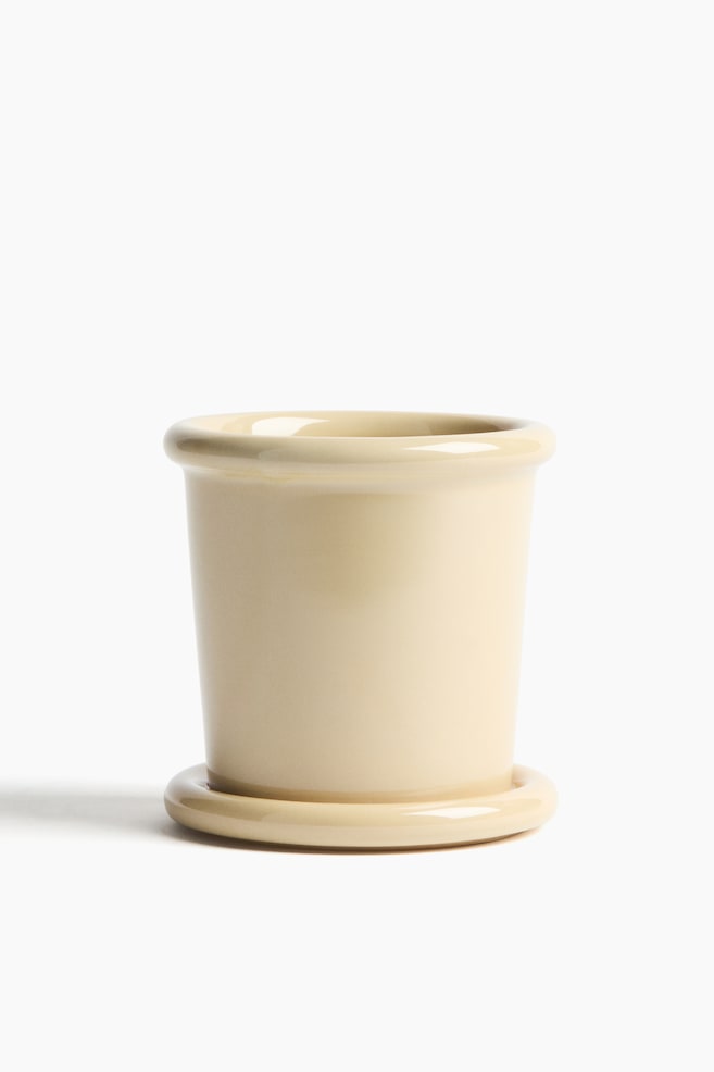 Macetero extrapequeño de gres con plato - Amarillo claro/Verde claro/Blanco/Marrón oscuro - 1
