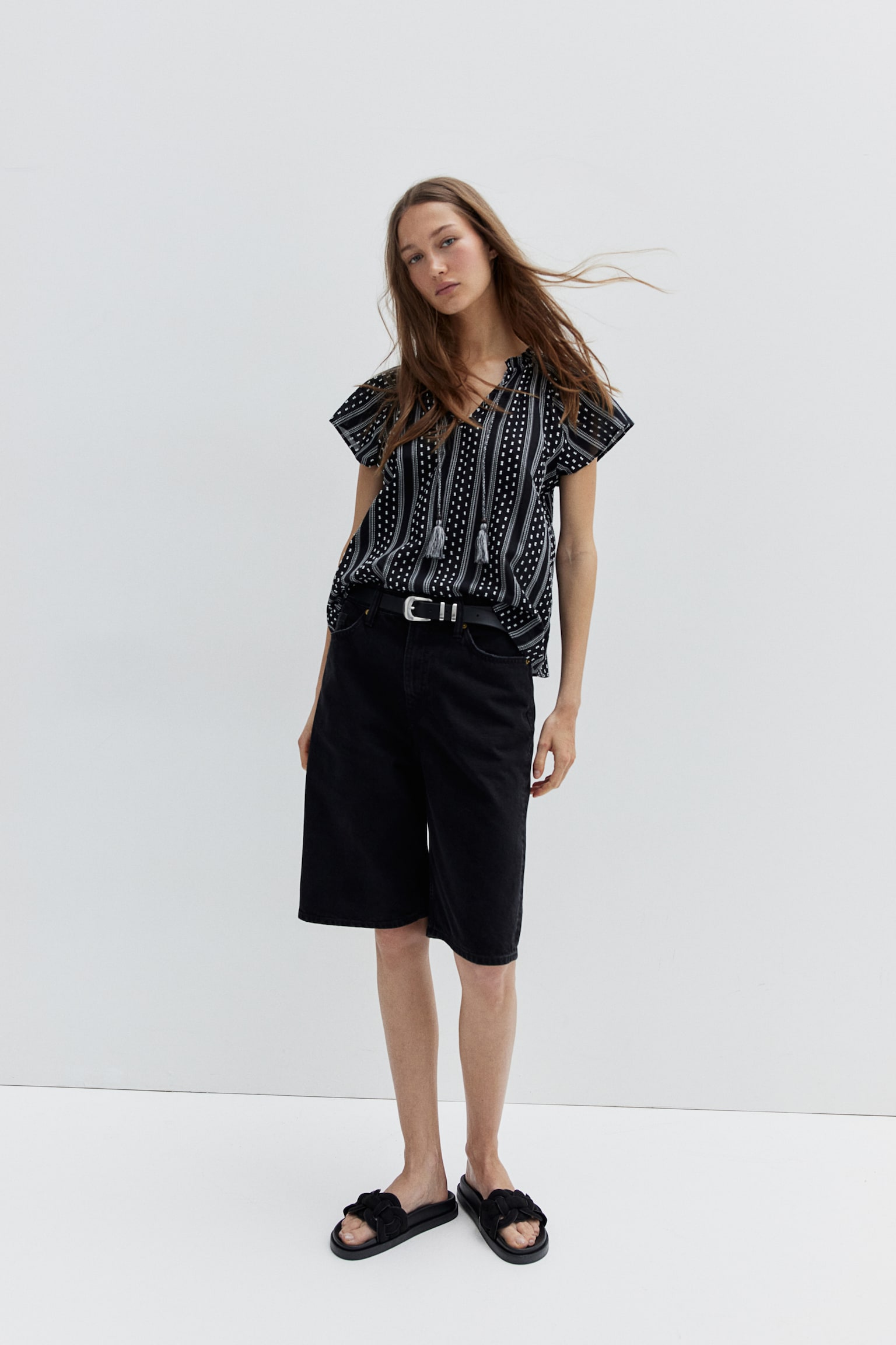 Drawstring Detail Cotton Blouse - Black/Stripe/White/Blue stripe - 4