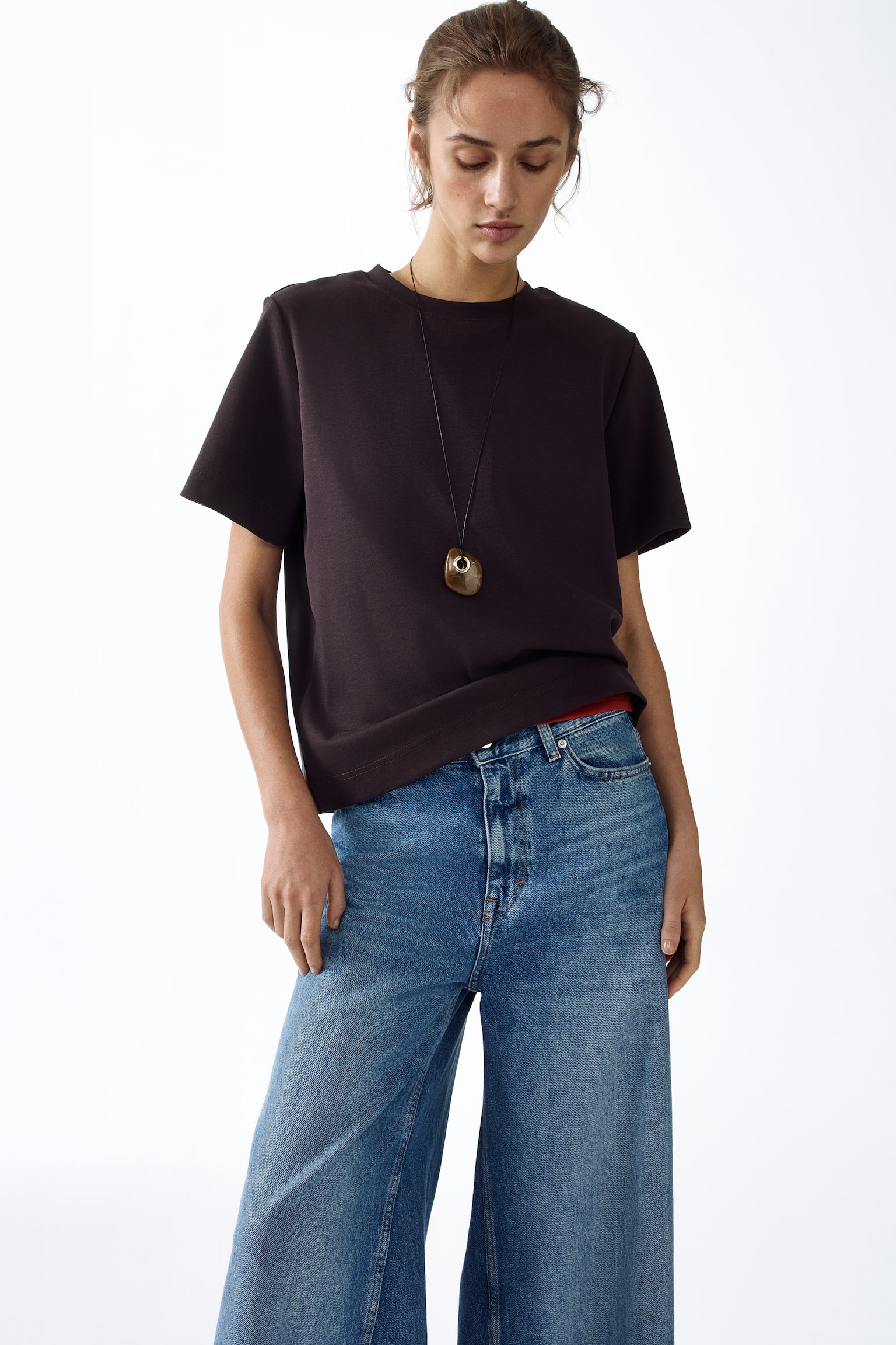 Pima cotton T-shirt - Dark brown/Black/Cream/White - 3