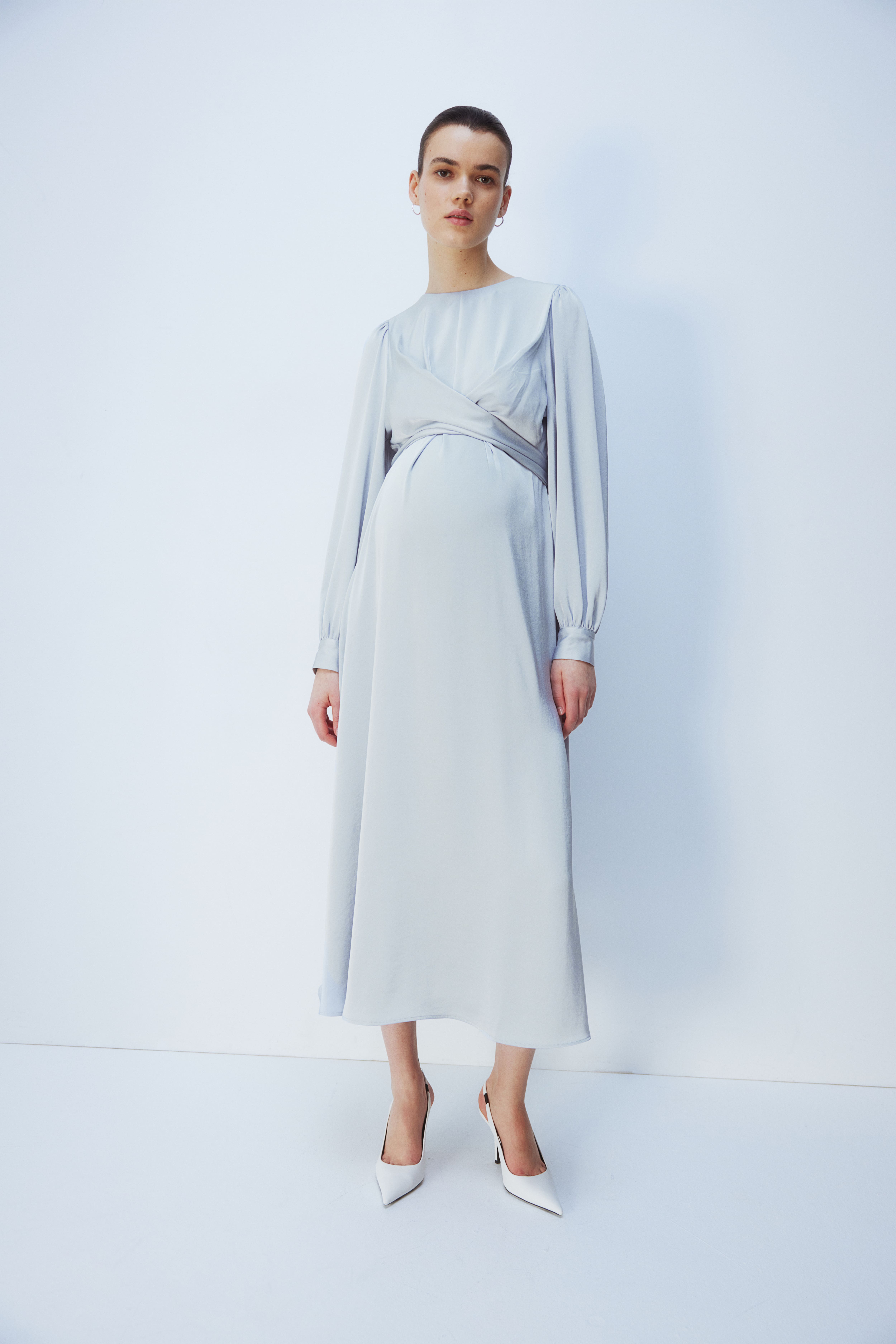 MAMA Satin Dress - Round Neck - Long sleeve - Light steel blue - Ladies |  H&M US