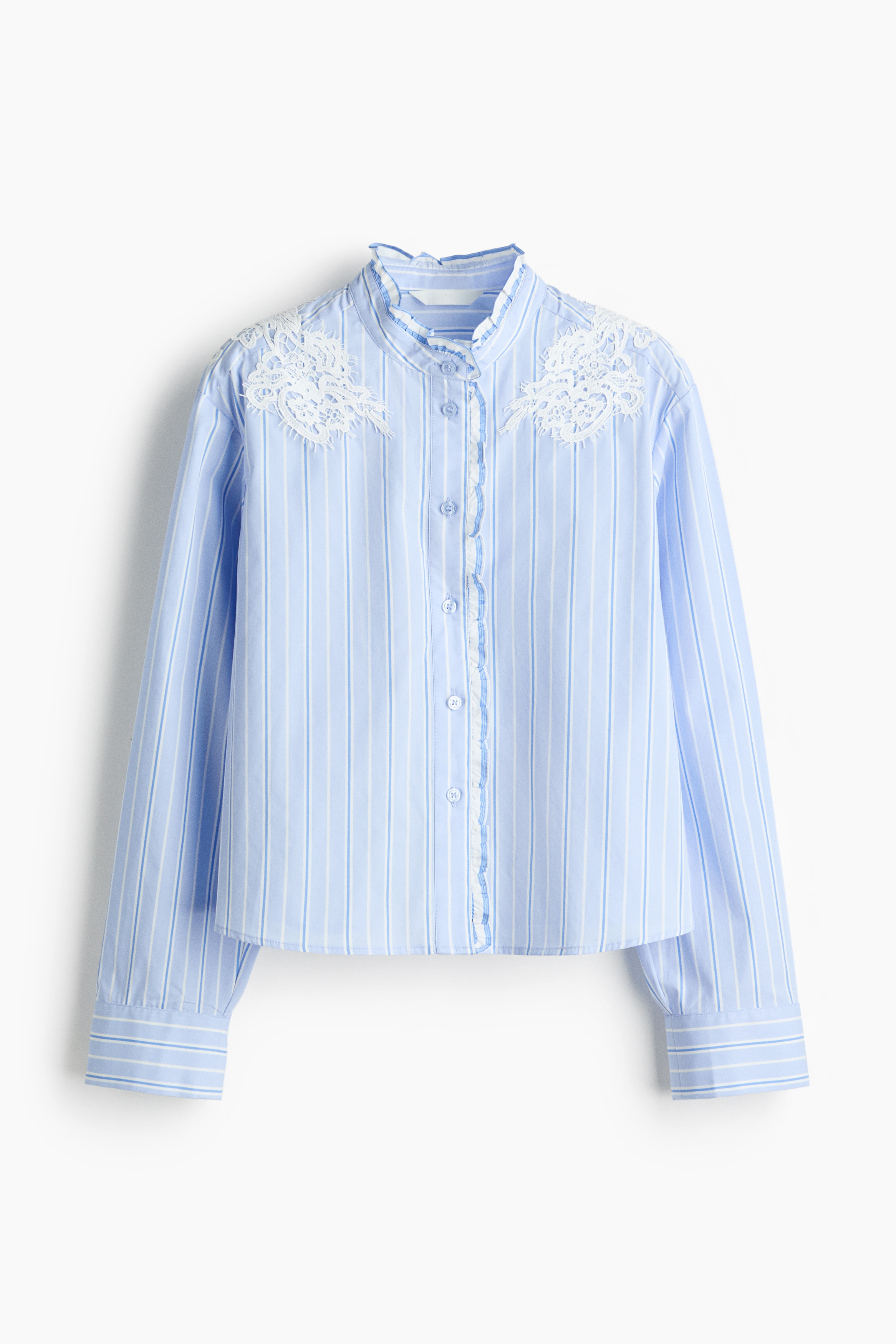 Katoenen overhemdblouse met volants - Light blue/Striped
