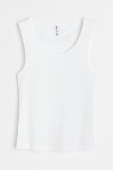 Ribbed Cotton Tank Top - Low-cut Neckline - Sleeveless - White - Ladies ...