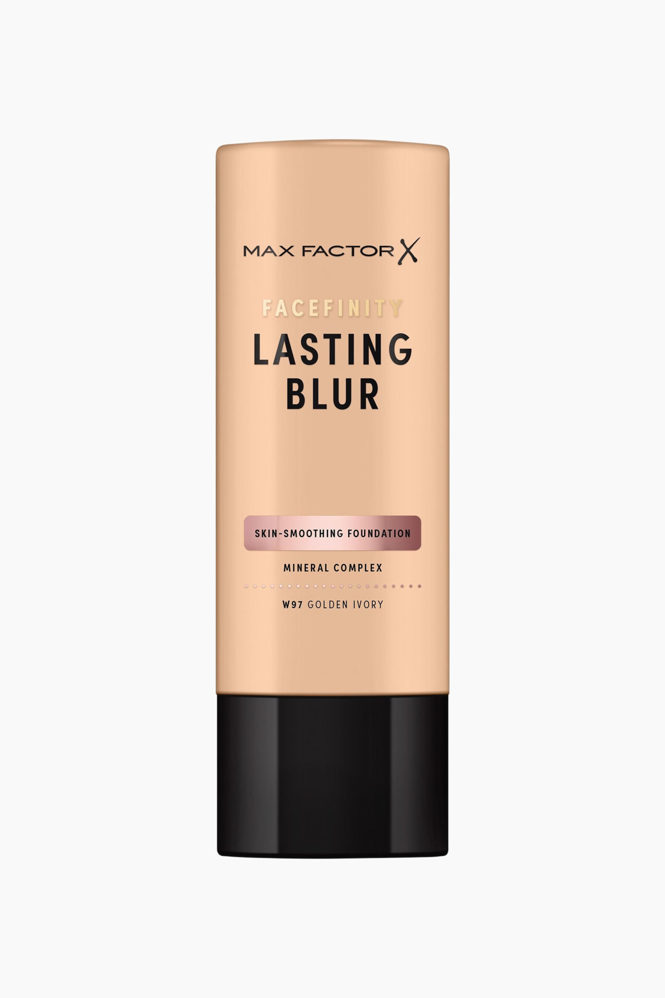 Näytä suurempi kuva: Edestä kuvattu Max Factor Facefinity Lasting Blur Foundation -meikkivoiteen sylinterimäinen putkipakkaus sävyssä W97 Golden Ivory, jossa on beige runko ja umpinainen musta korkki pohjassa. Putken etupuolella näkyvät tuotemerkin logo ja tuotteen nimi "Lasting Blur" lihavoidulla mustalla tekstillä, sekä ruusukullan sävyinen metallinhohtoinen nauha, jossa lukee "Skin-Smoothing Foundation."