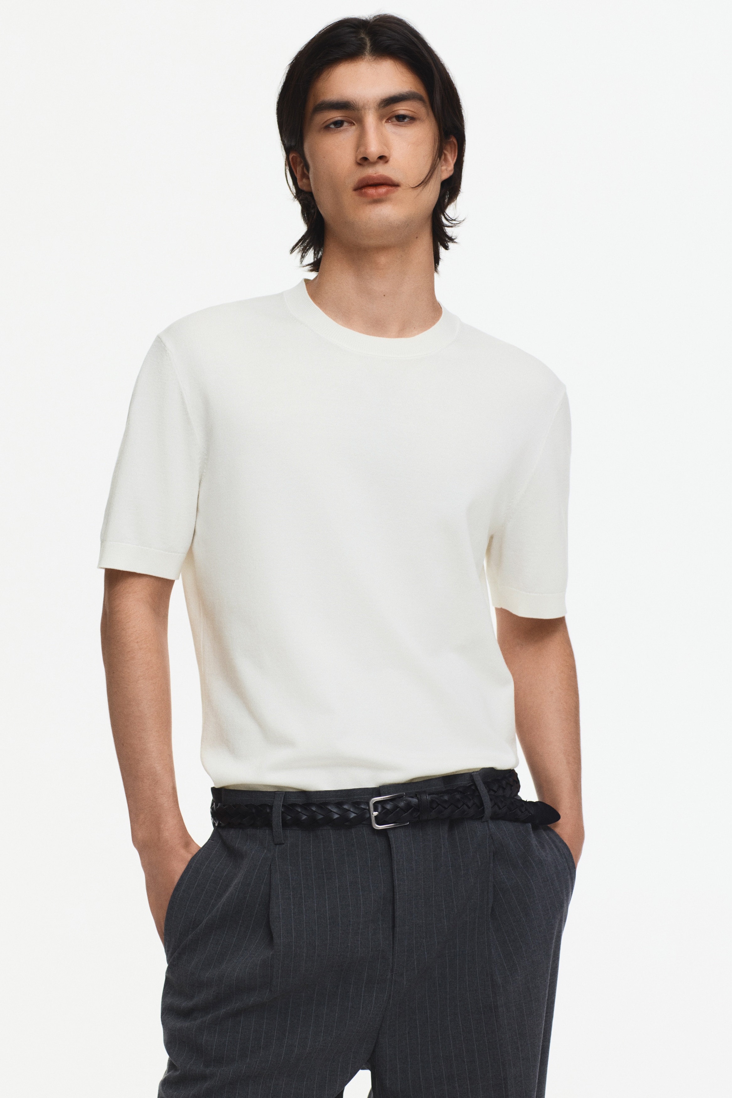 T-shirt em malha Slim Fit - Branco/Preto/Bege/Azul escuro