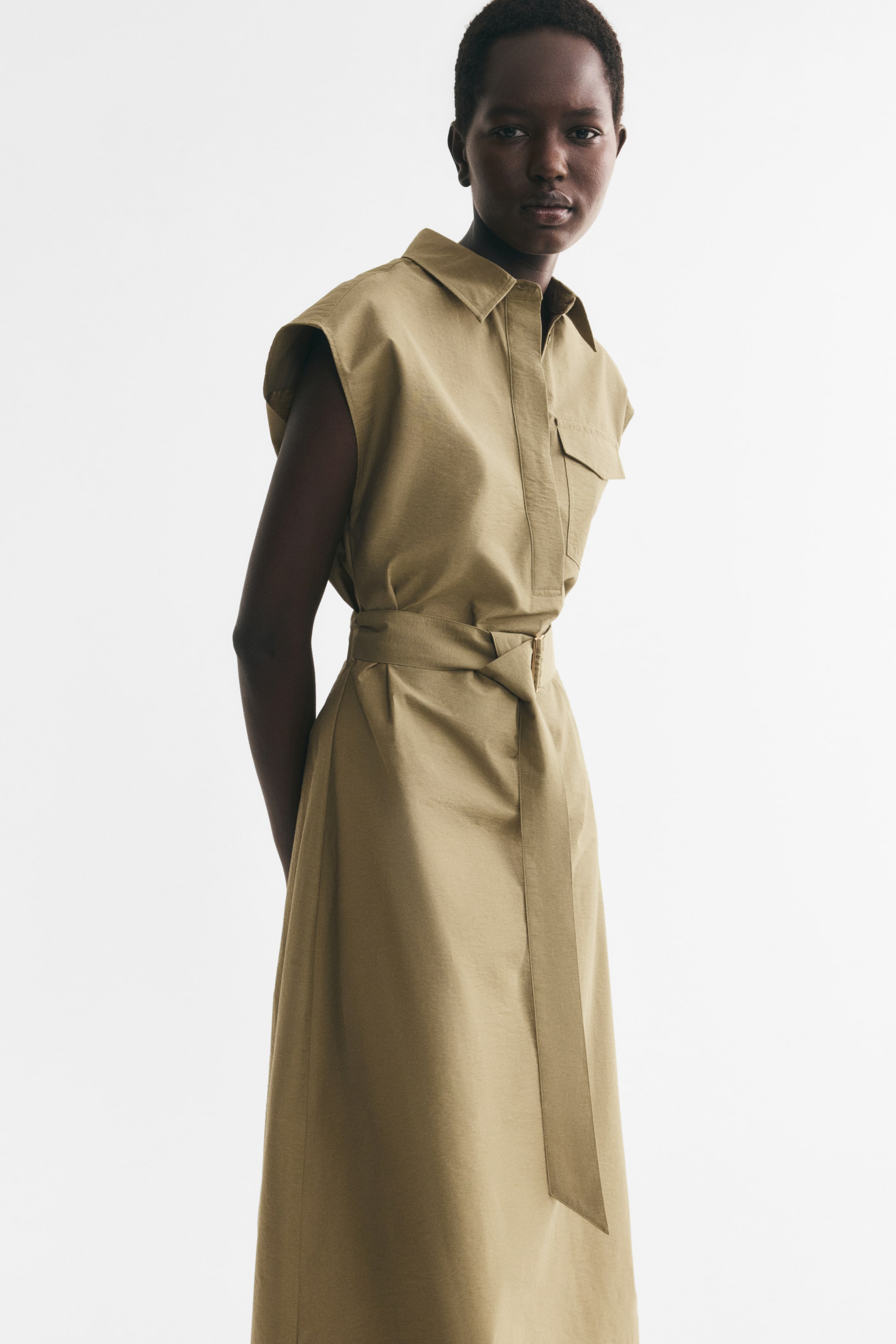 View larger image: Tie-Belt Dress with Collar - Khaki green - Ladies | H&M US 1