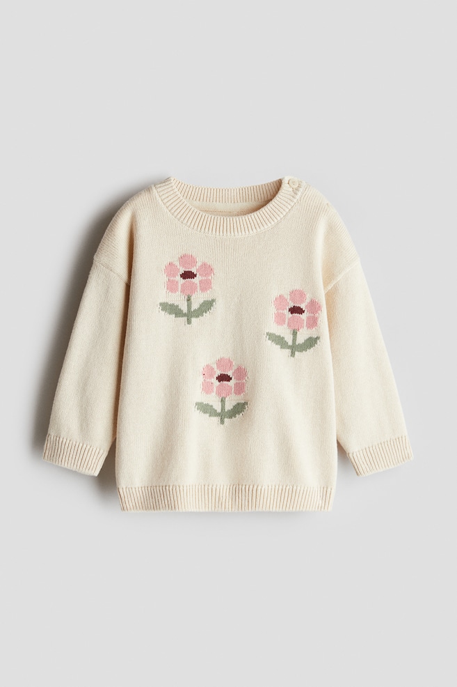 Jacquard Knit Sweater - Light beige/Flowers/Pink/Hearts/Light pink/Light pink/Dog/Beige/Leopard print/Turquoise - 1