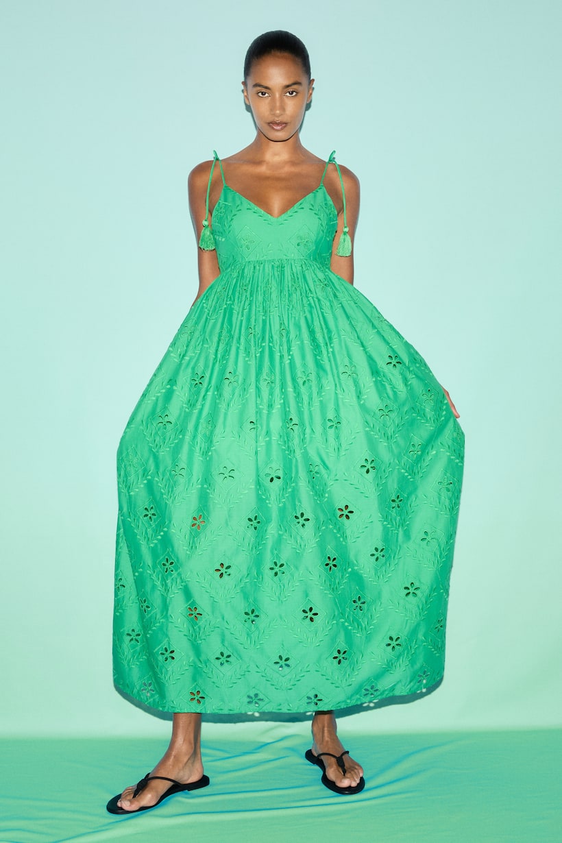 Green Maxi Dresses Long, Floral, Satin Tiered H&M IN