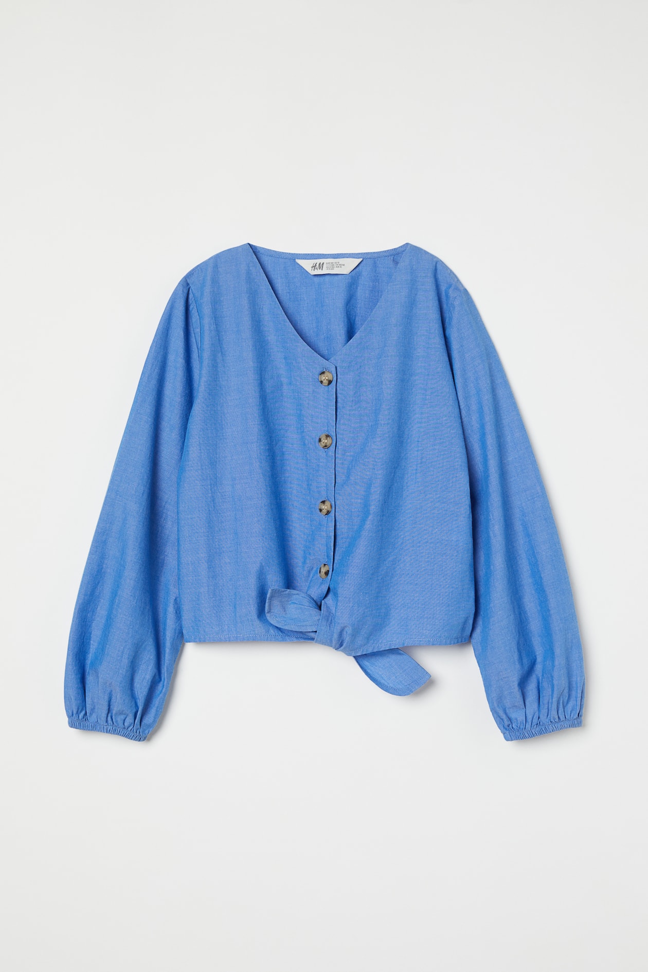 Tie-detail Cotton Blouse - V-neck - Long sleeve - Blue/chambray - Kids ...