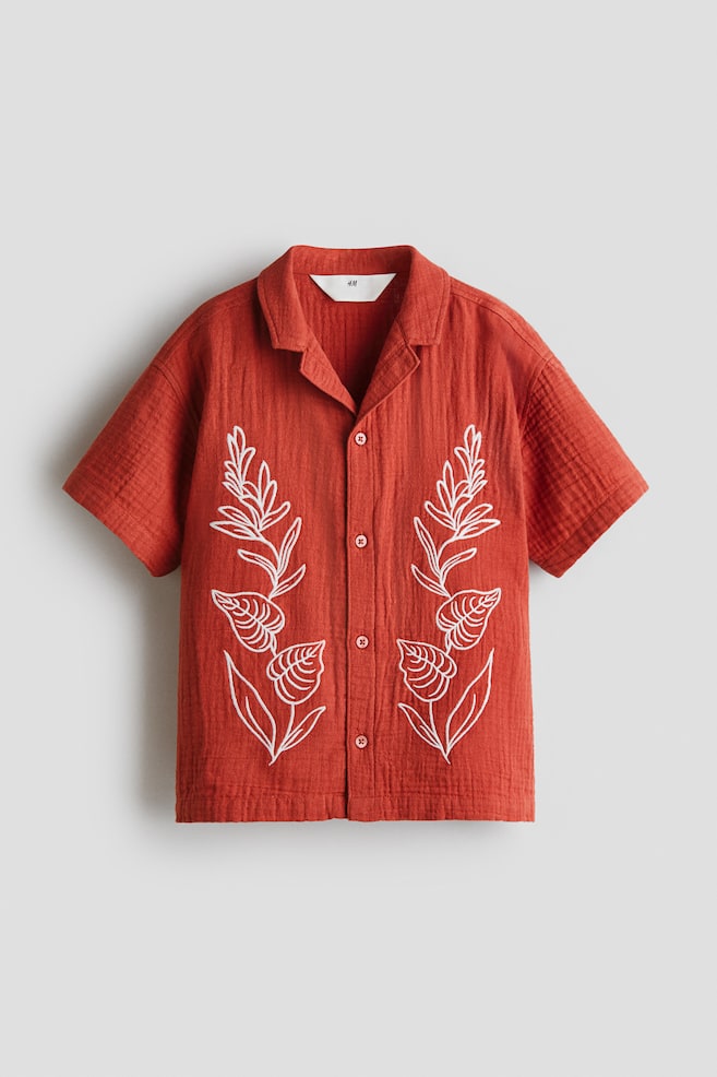 Resort shirt - Rust red/Embroidery/Light beige/Striped - 1