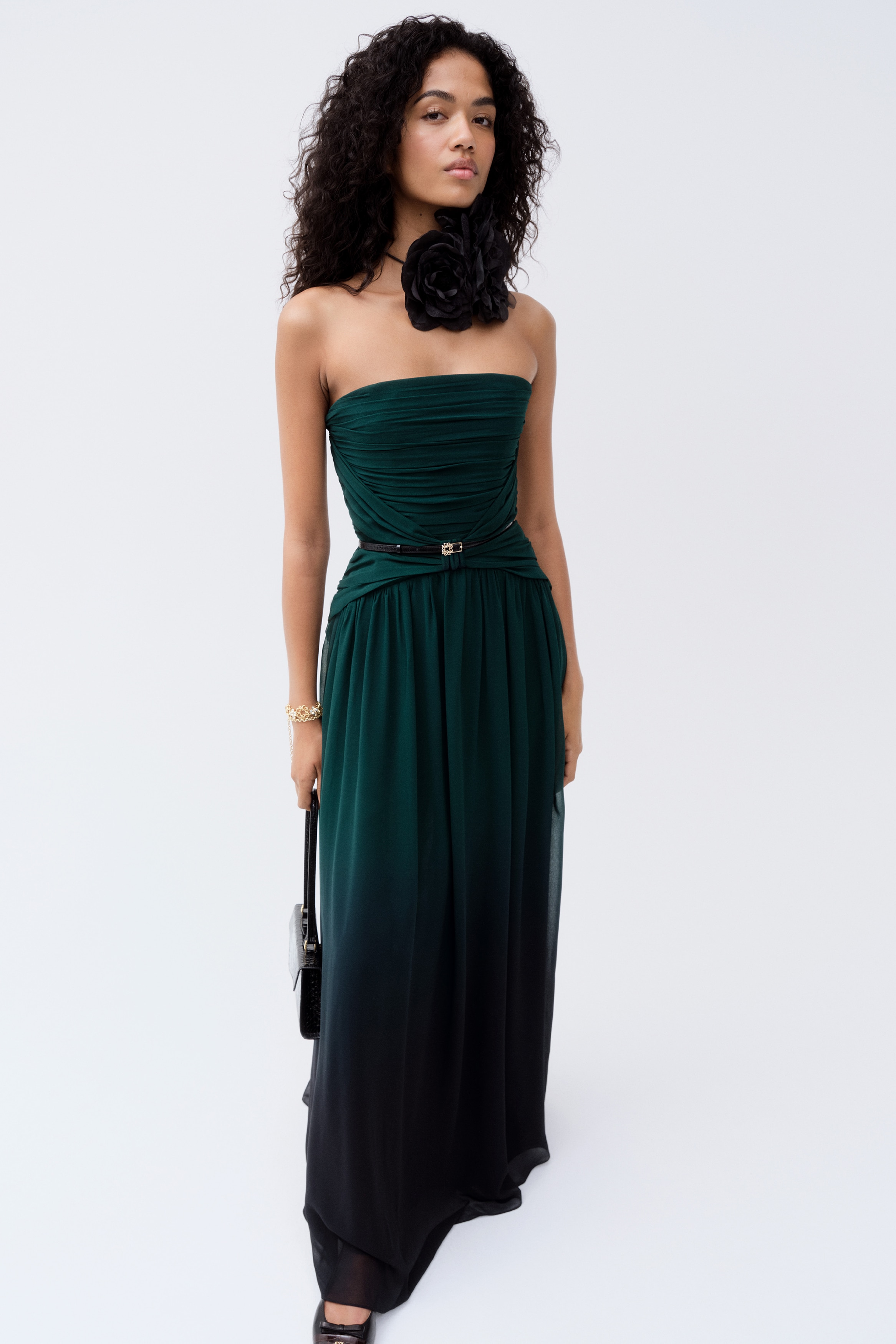 Scarf-Detail Chiffon Dress - Green/black