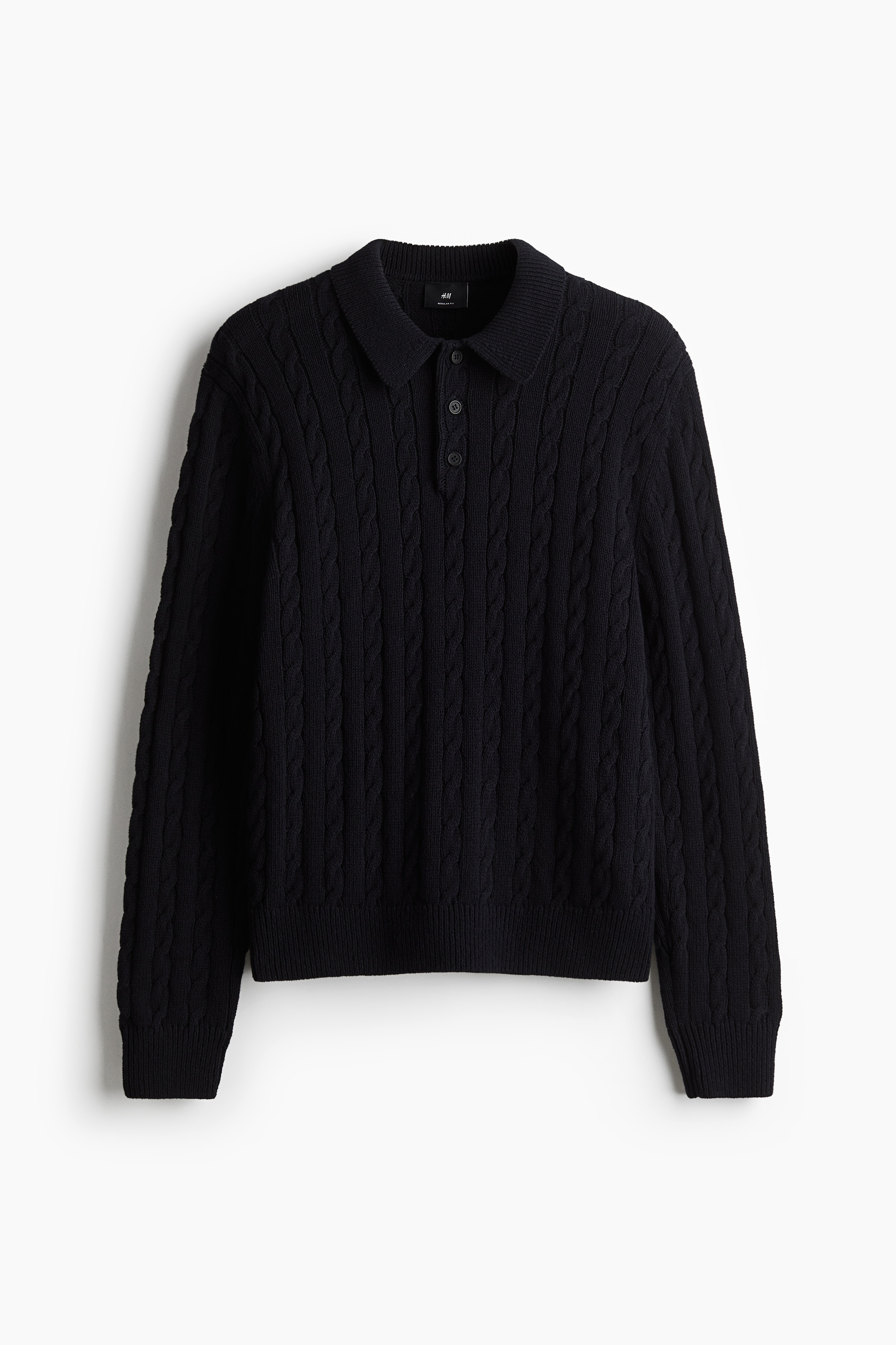 Regular Fit Cable Knit Polo Sweater - Navy blue/Cream