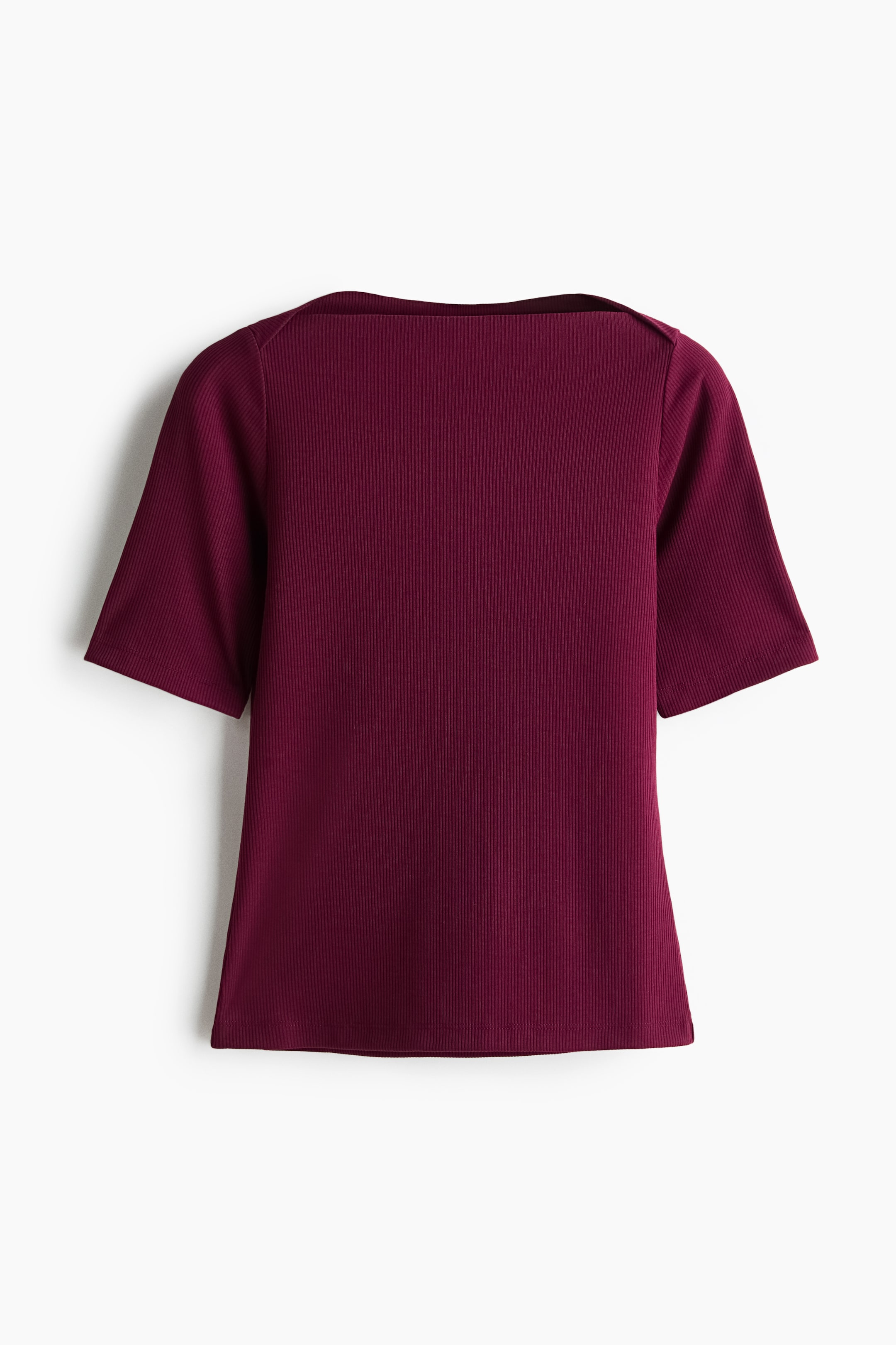 View larger image: A burgundy ribbed knit top is shown from the back, featuring short sleeves, a wide straight neckline, and a straight hem.