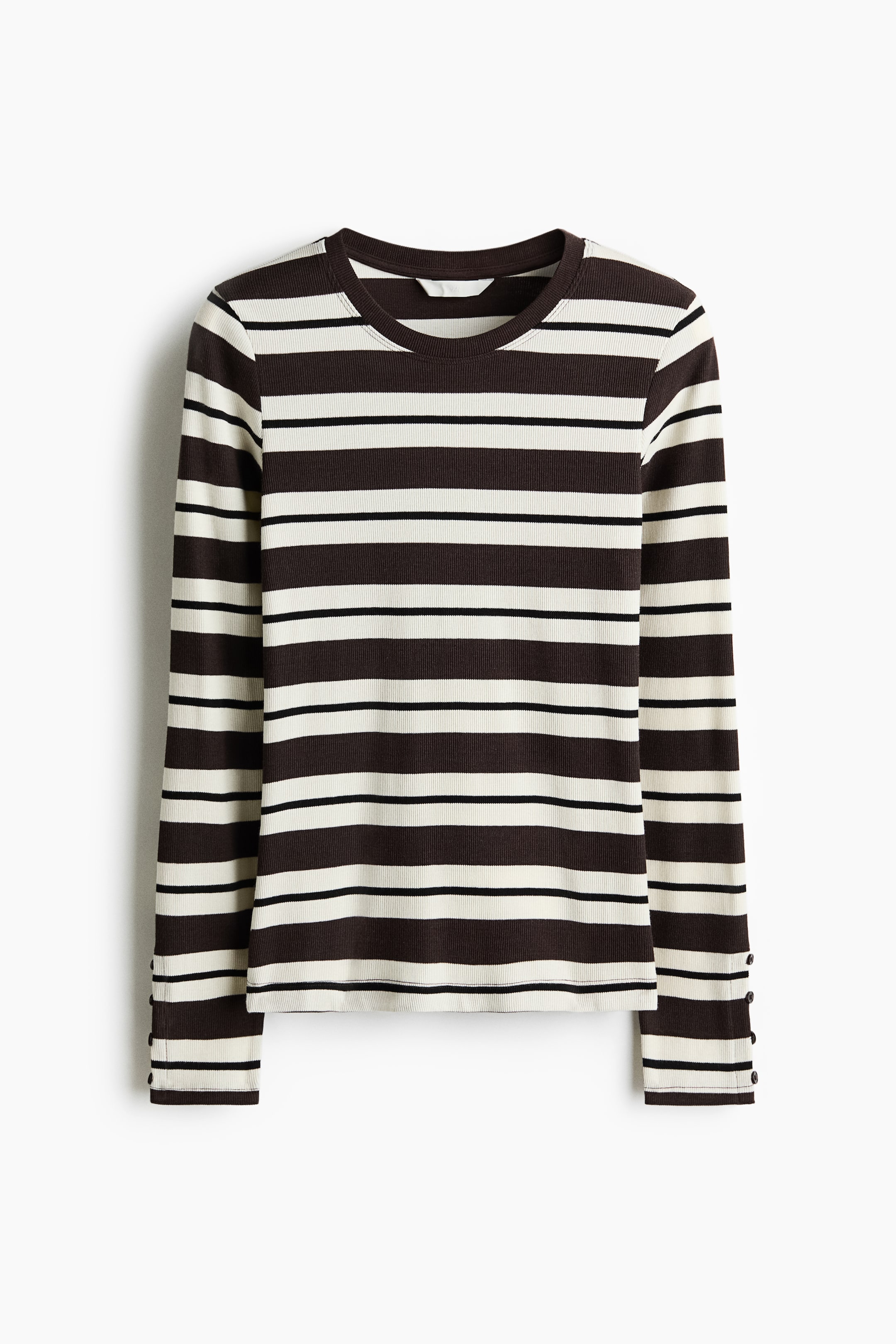 View larger image: A long-sleeved ribbed knit top shows a pattern of alternating wider dark brown and narrower cream horizontal stripes across the front. It features a crew neck and four small buttons on each cuff.