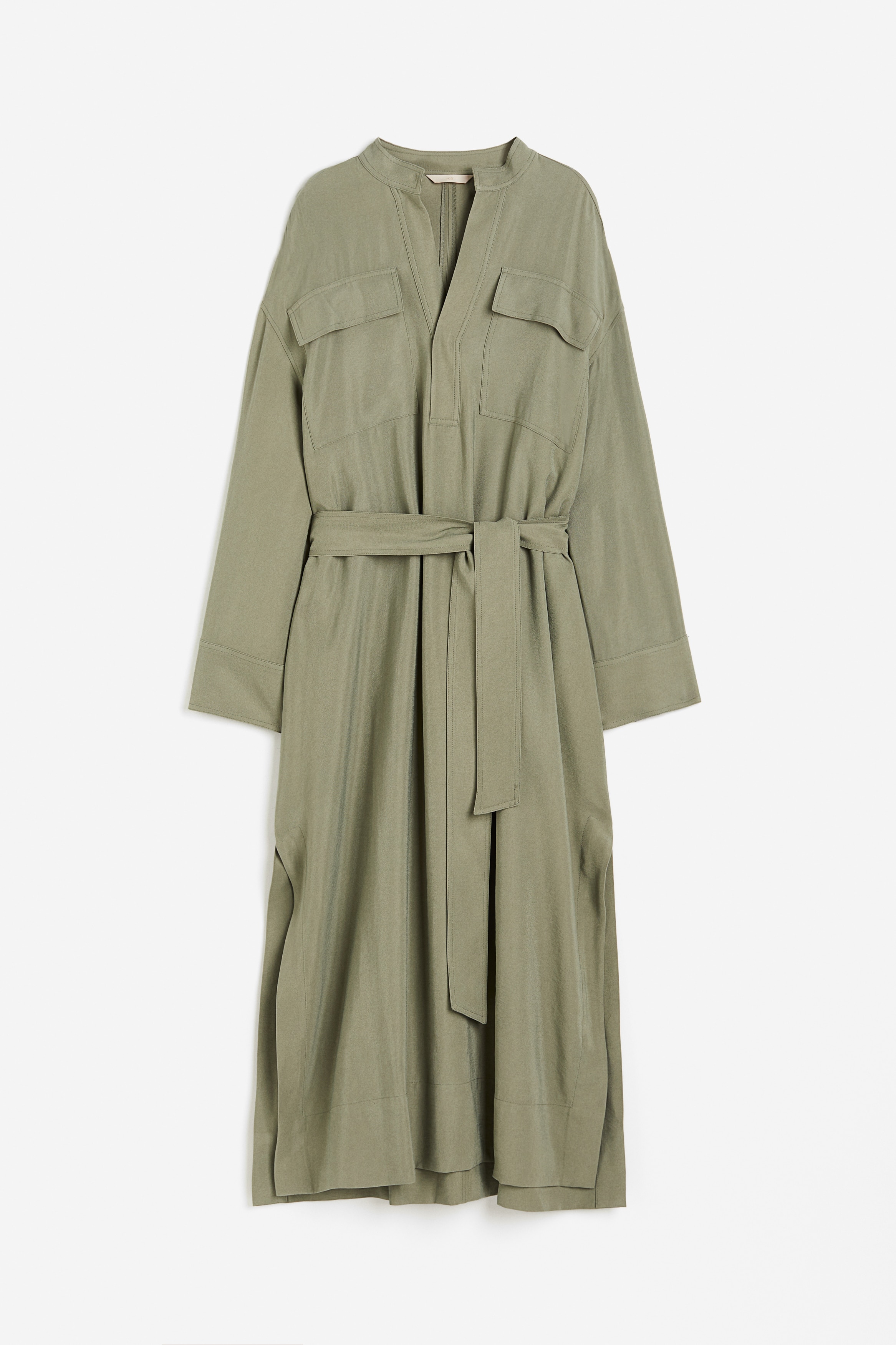 Modal-blend Utility Dress - V-neck - Long sleeve - Khaki green 