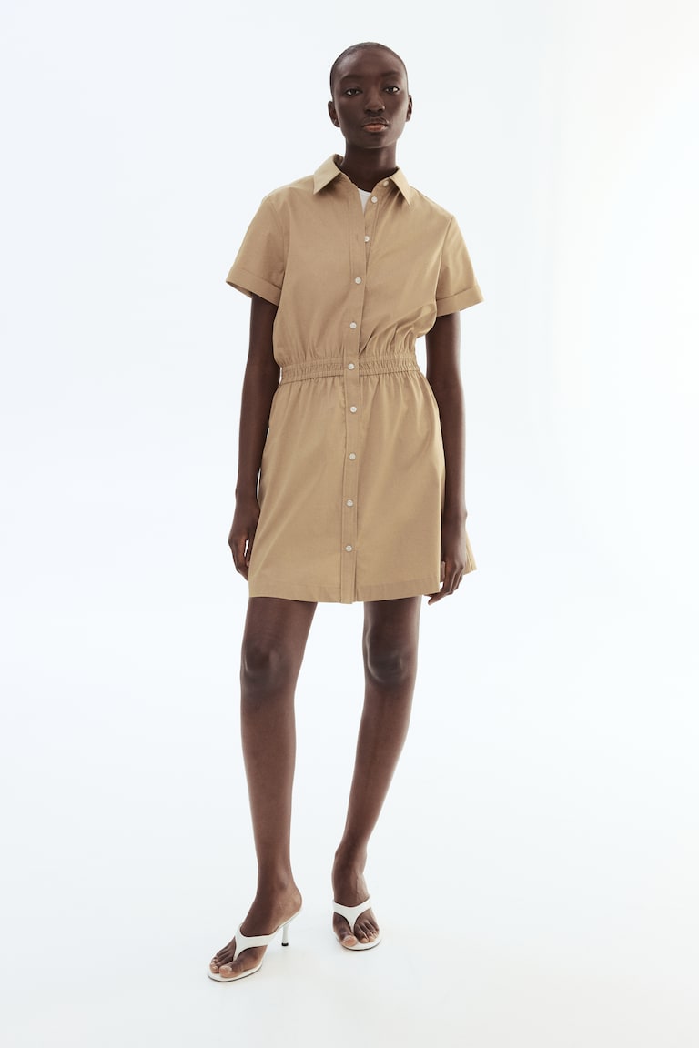 Ladies - Beige Short-Sleeved Shirt Dress - Size: S - H&M