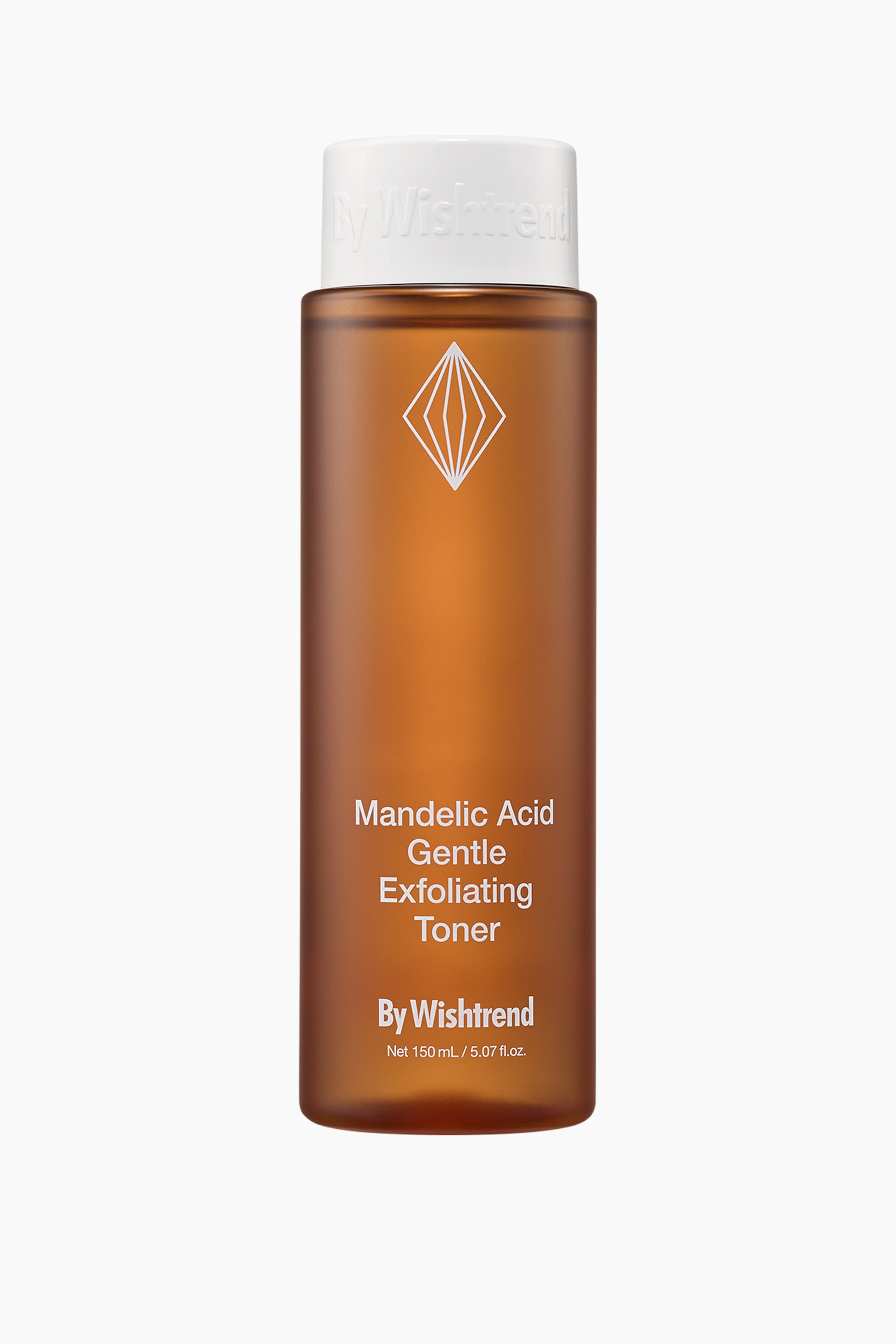 Vis større bilde: En sylindrisk flaske med Mandelic Acid Gentle Exfoliating Toner står oppreist og vender fremover. Den har en frostet, halvtransparent ravfarget kropp med hvit tekst og en geometrisk logo, og et hvitt lokk preget med "By Wishtrend."