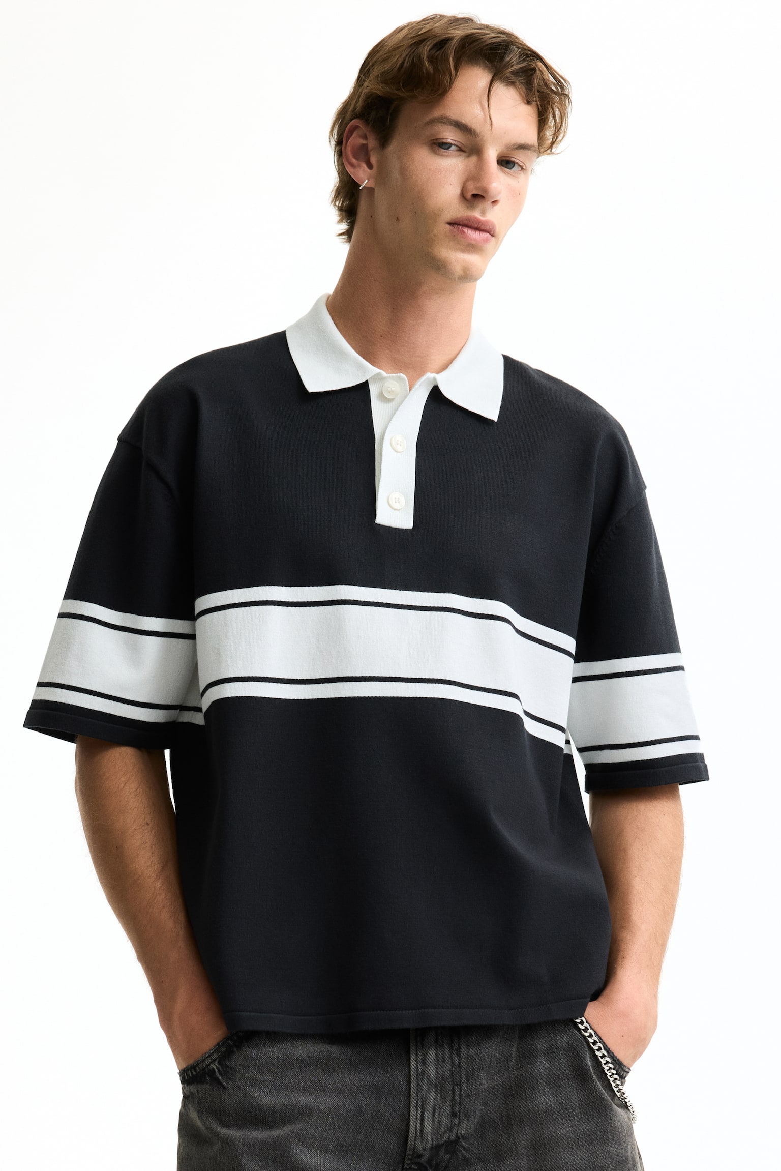 Playera polo Loose Fit - Negro/Bloques de color/Verde/Rayado/Marfil/Bloque de color/Negro/Rayas blancas - 1