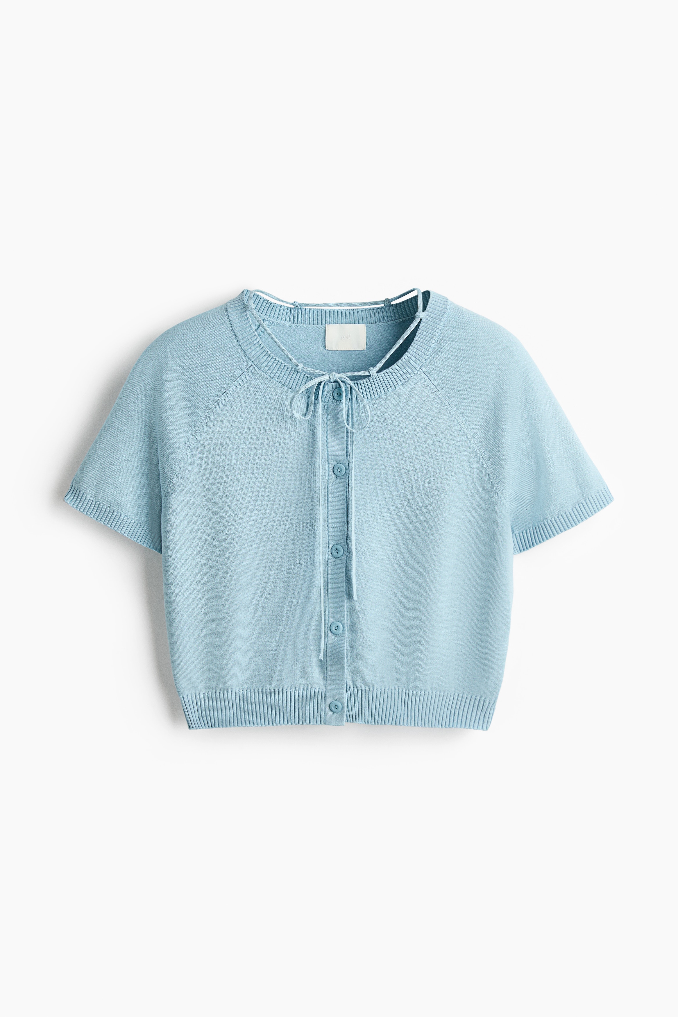 Short-sleeved tie-detail cardigan - Light turquoise/Light beige
