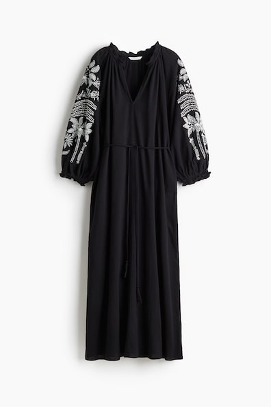 Abito Lungo Oversize GGUHHU In Cotone Nero - Maniche Lunghe Con Bottoni E Tasche Laterali, Taglia M